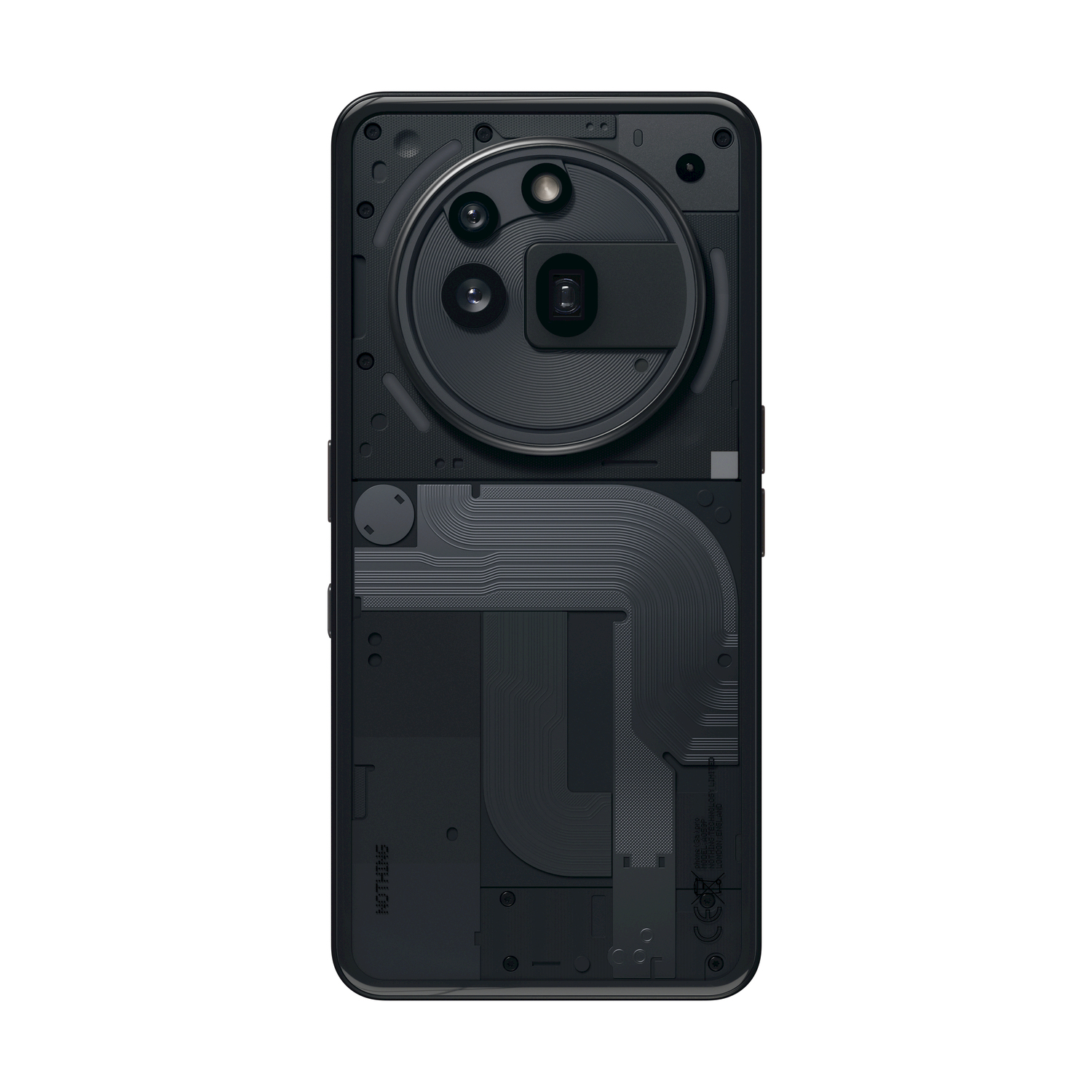 Un telefono nero con retro trasparente, che mostra i componenti interni. Sono visibili tre obiettivi della fotocamera.
