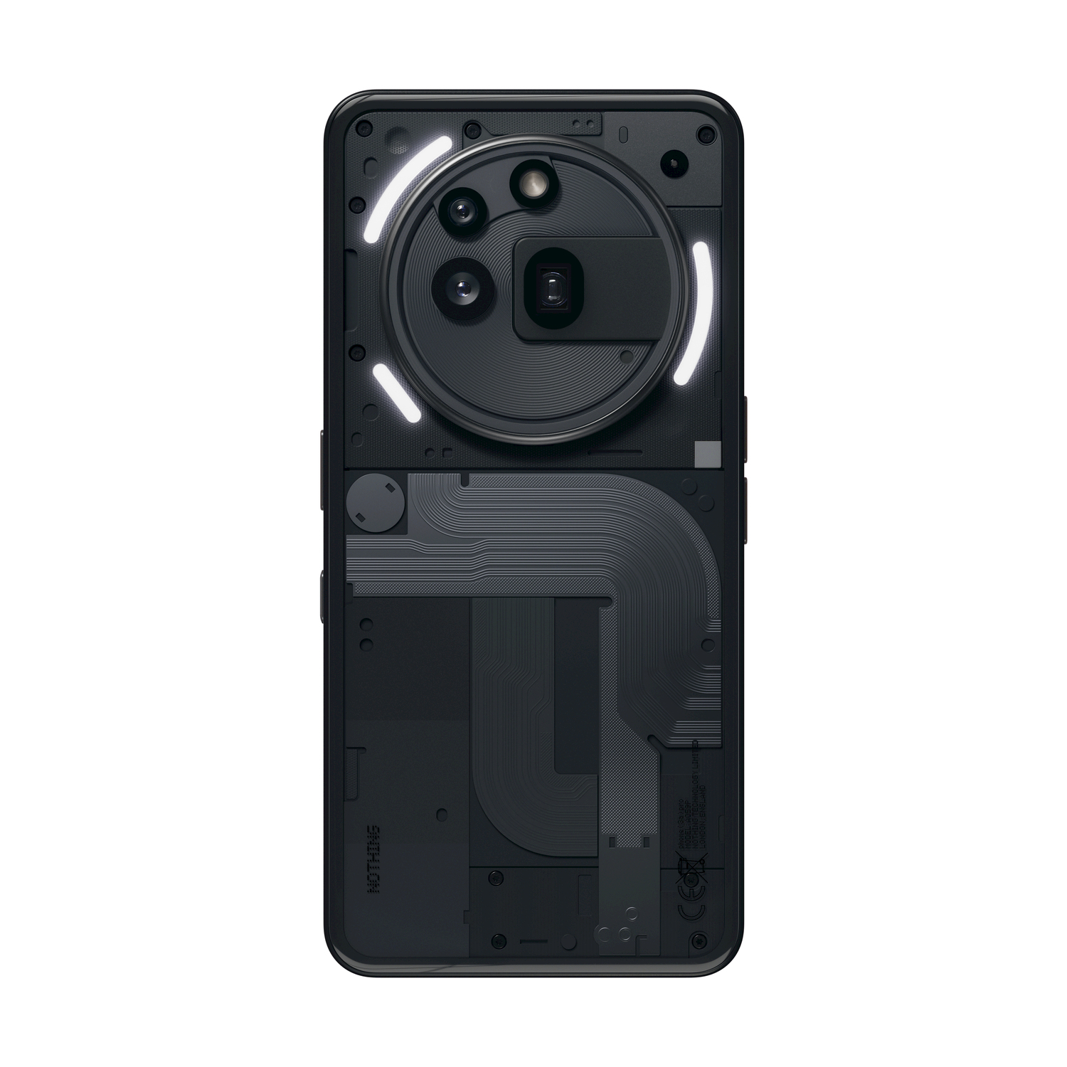 Il retro di un telefono Nothing nero, che mostra i componenti interni e un design della fotocamera unico.