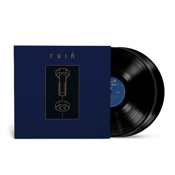 Rush album borítója csavar- és anya illusztrációval, valamint két fekete bakelit lemezzel.