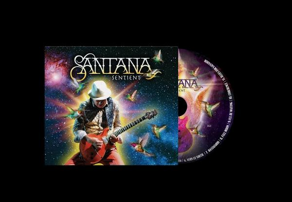 Santana 'Sentient' CD borító: Santana gitározik, élénk színekkel és kolibrikkel körülvéve.