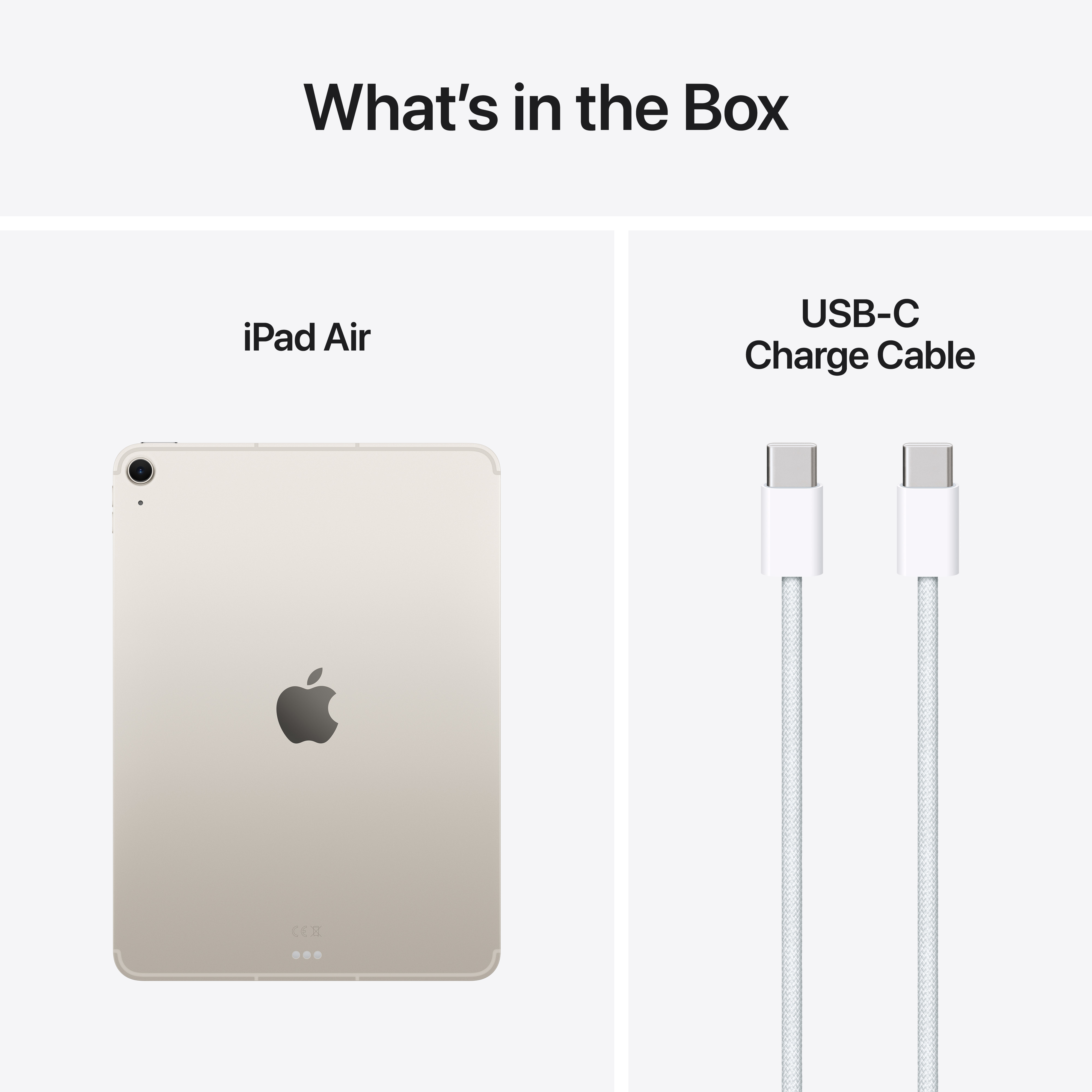 Un iPad e un cavo di ricarica USB-C su sfondo bianco. Testo: Cosa c'è nella scatola.