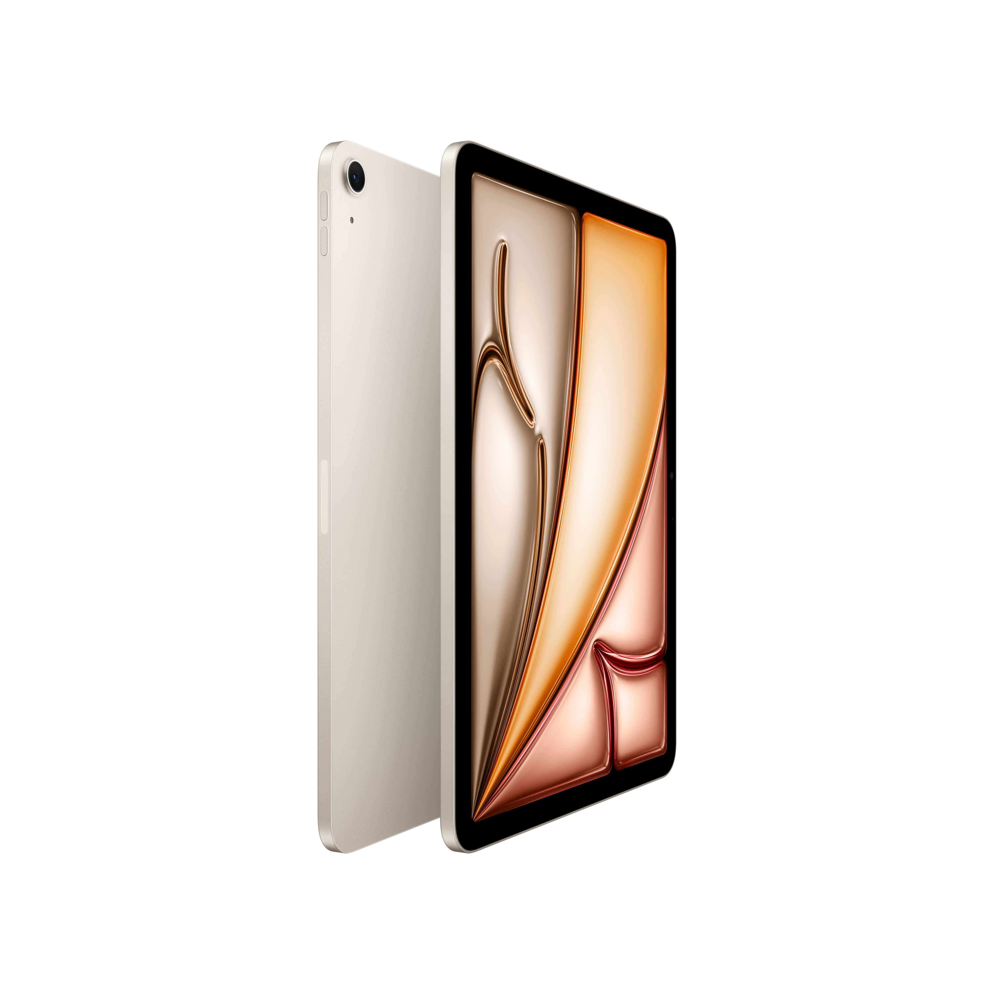 Un iPad beige, che mostra il retro e lo schermo, con un'interfaccia chiara.