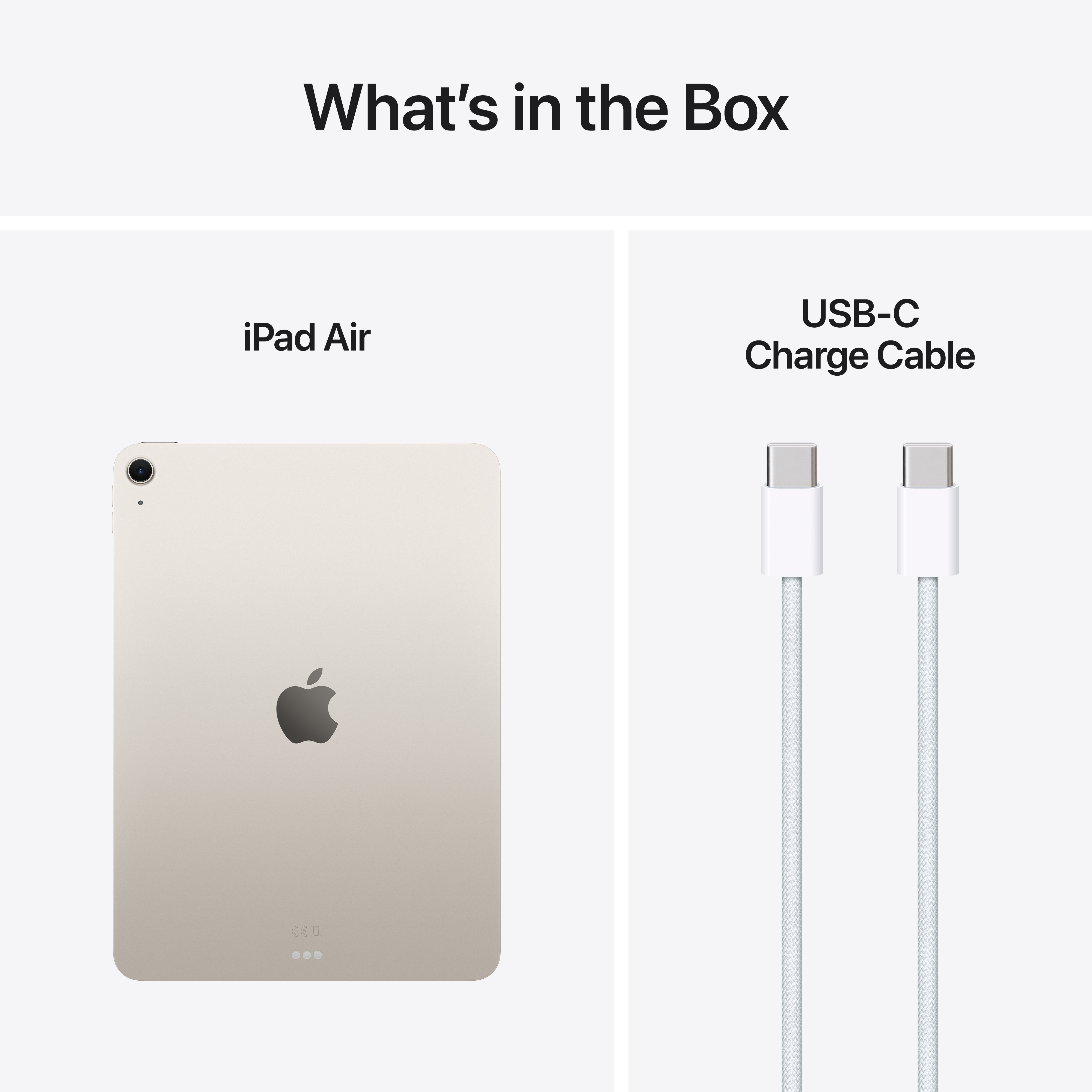 iPad Air e cavo USB-C, sfondo bianco, che mostra il contenuto del prodotto.