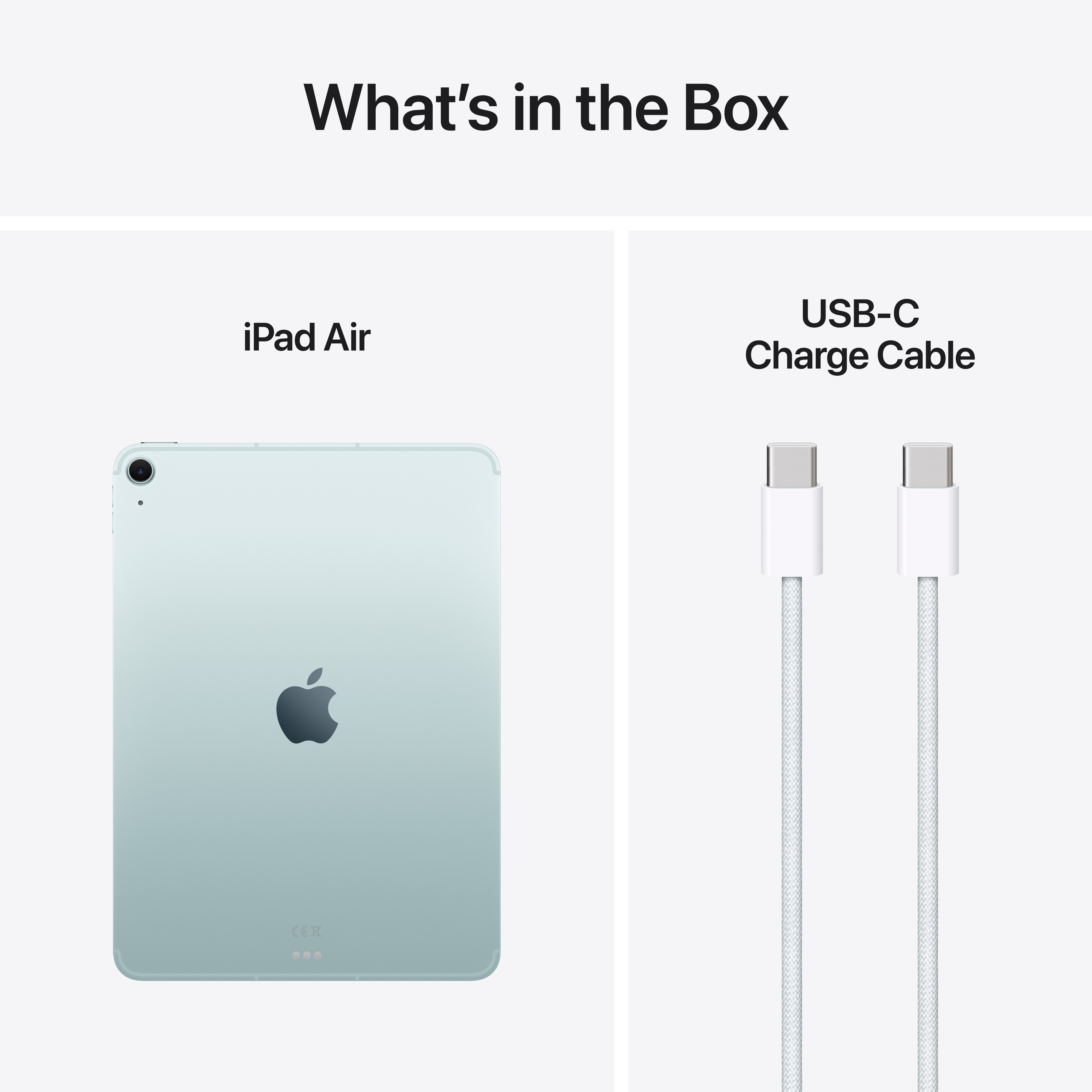 iPad Air e cavo USB-C su sfondo bianco. Testo: Cosa c'è nella scatola.