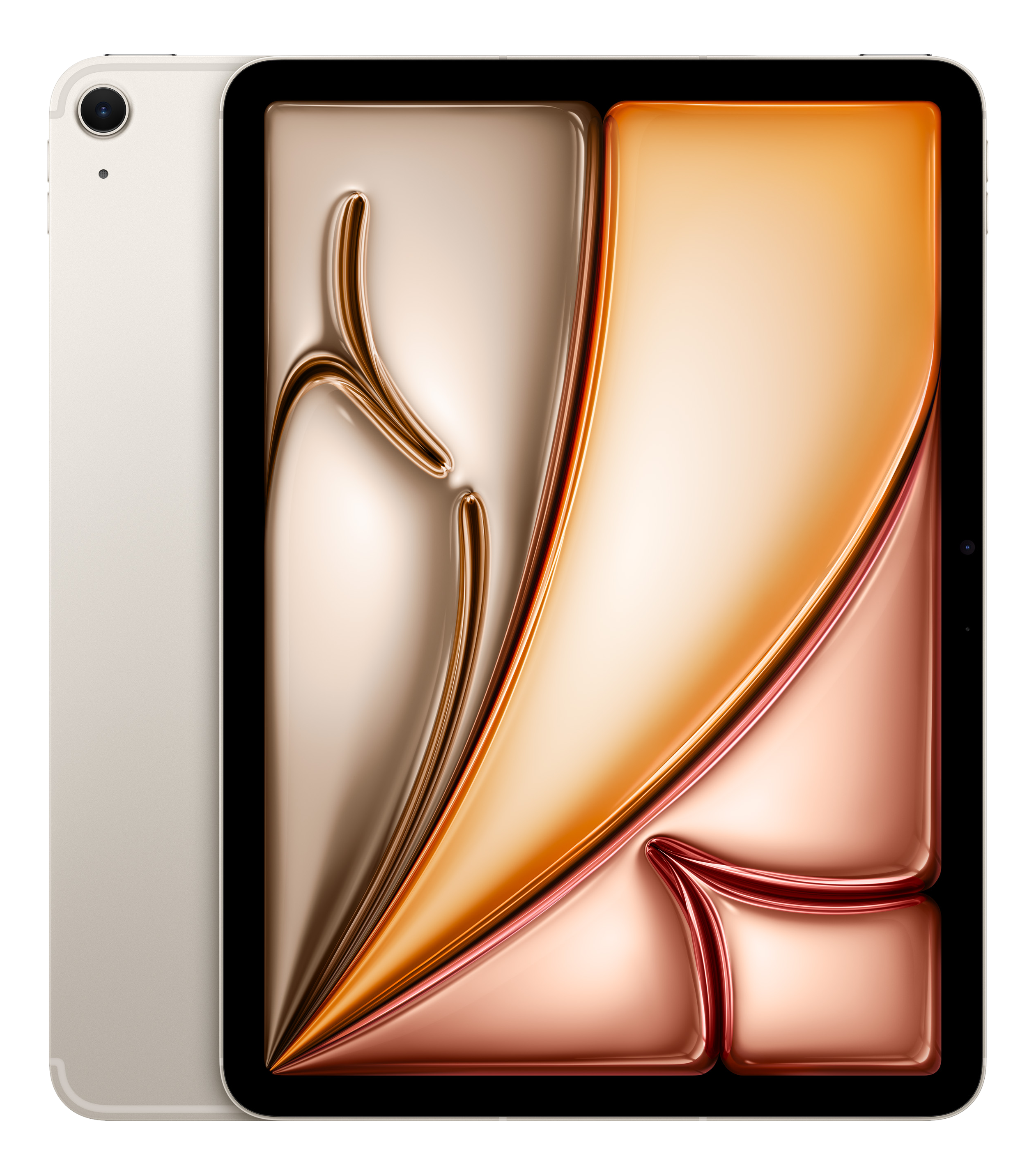Beiges iPad mit farbenfroher abstrakter Anzeige. Vorder- und Seitenansicht.