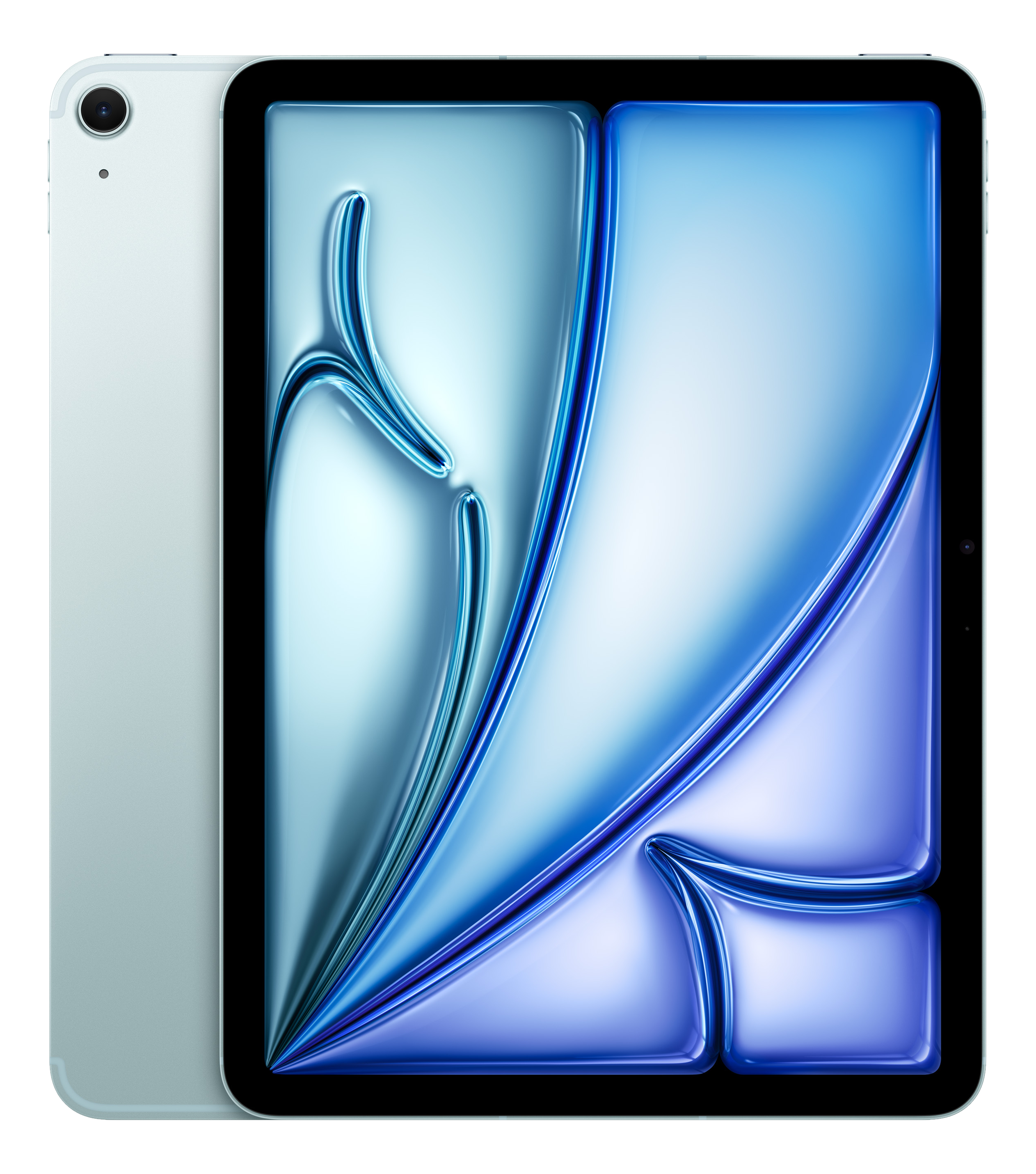 Ein Apple iPad mit hellblauem Rücken. Der Bildschirm zeigt ein farbenfrohes, abstraktes Design.