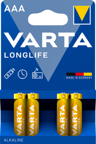 Egy csomag Varta Longlife AAA elem. A csomag kék, sárga és fehér szöveggel.