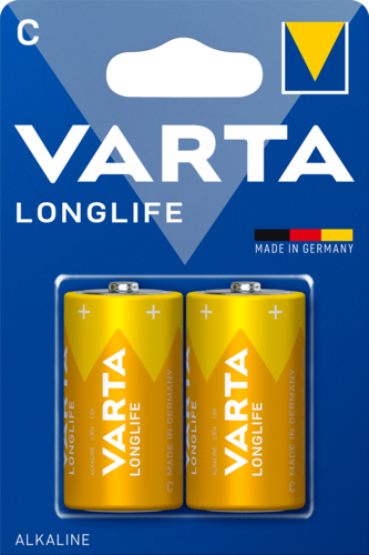 Két sárga Varta Longlife C elem csomagja kék háttérrel.