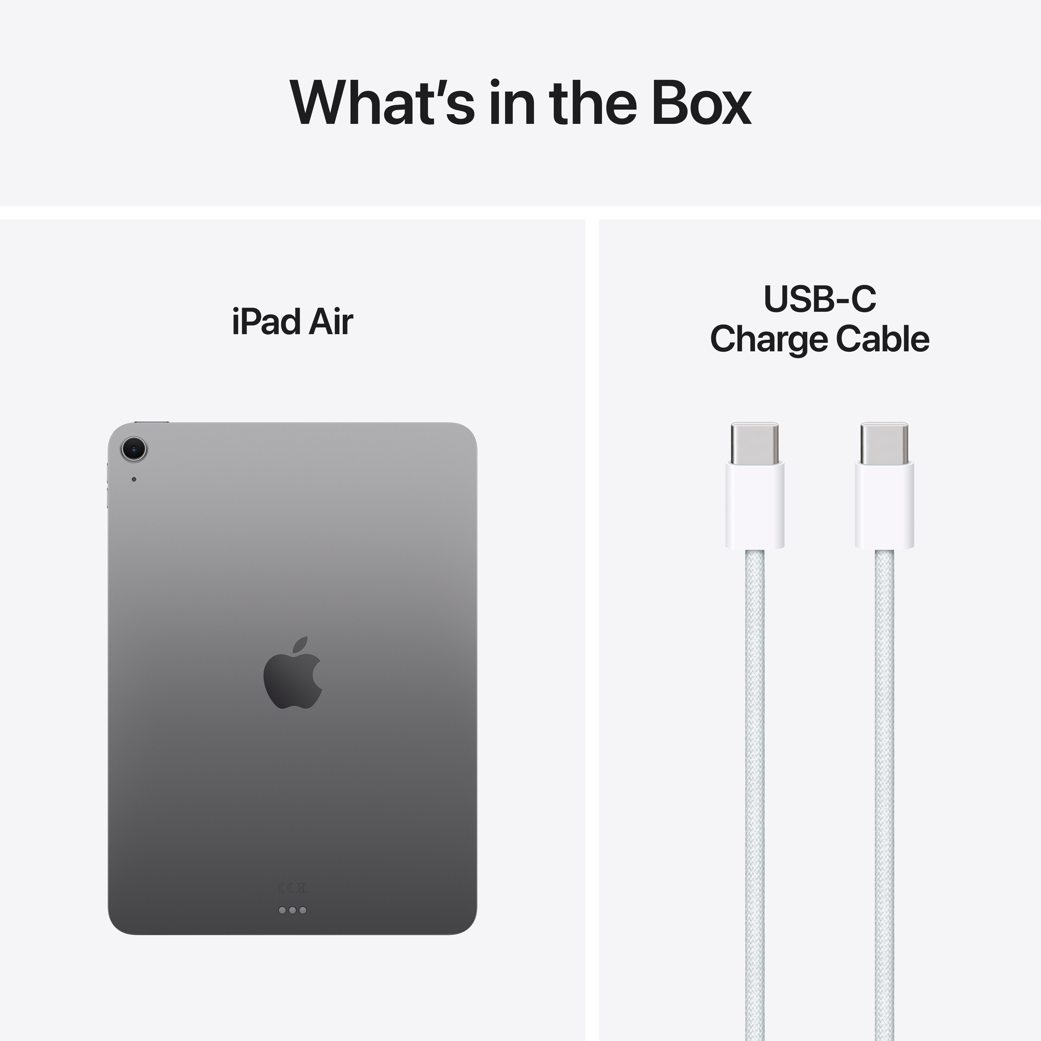 L'immagine mostra un iPad Air e un cavo di ricarica USB-C. L'iPad è grigio e il cavo è bianco.