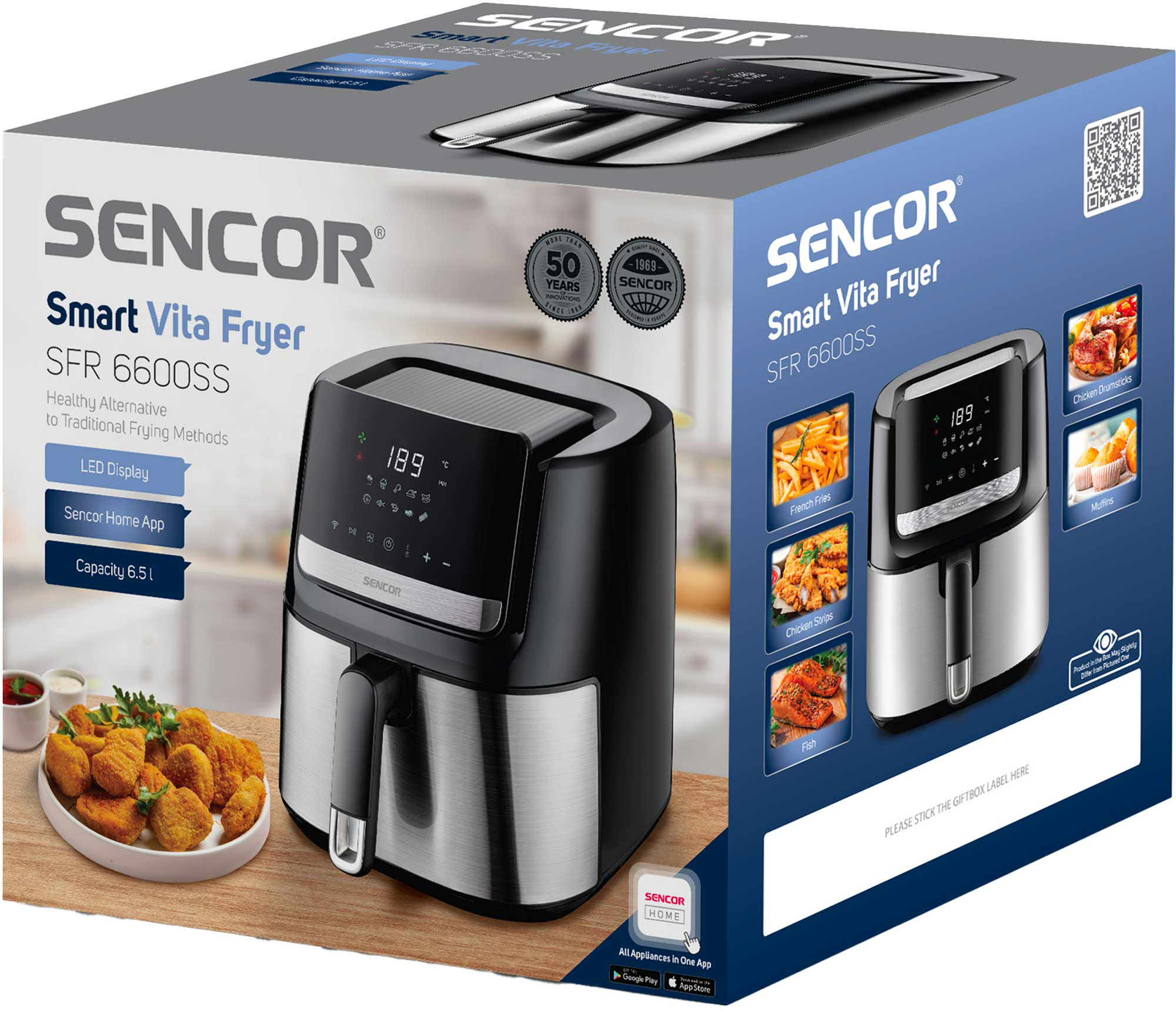 SENCOR Smart Vita Fryer doboz, egy sütővel, étellel és a termék jellemzőivel.