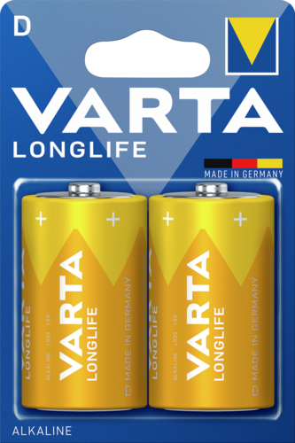 Két Varta Longlife D elem kék-sárga csomagban.