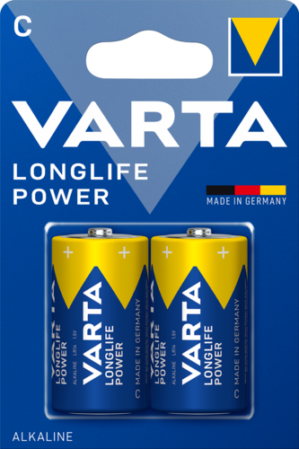 VARTA Longlife Power elemek kék-sárga csomagolásban. A csomagoláson a 'Made in Germany' felirat látható.