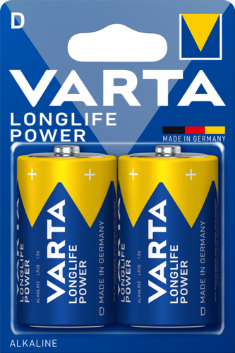 Két Varta Longlife Power elem egy kék-sárga csomagolásban.
