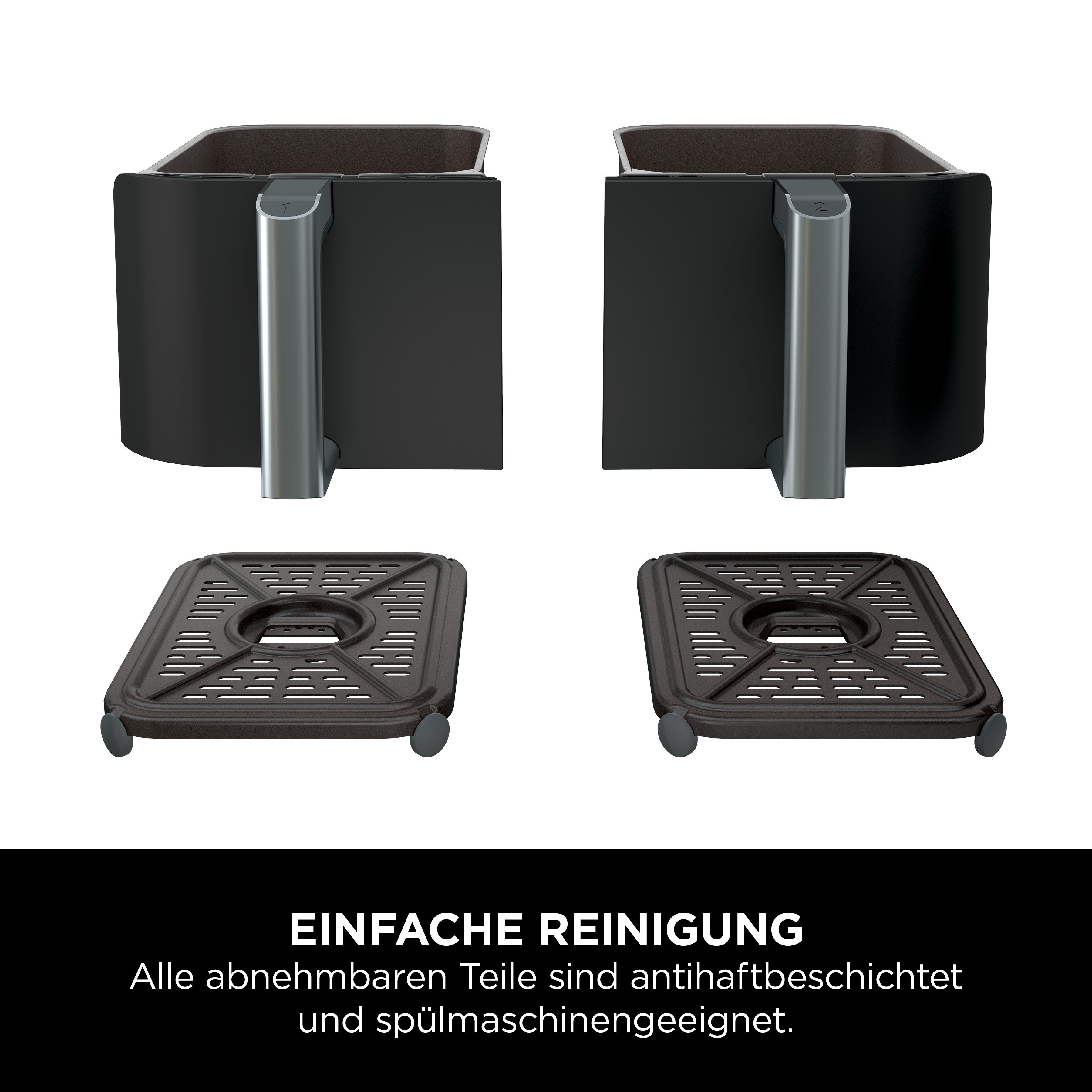Schwarze Airfryer-Komponenten. Text auf Deutsch: Einfache Reinigung.