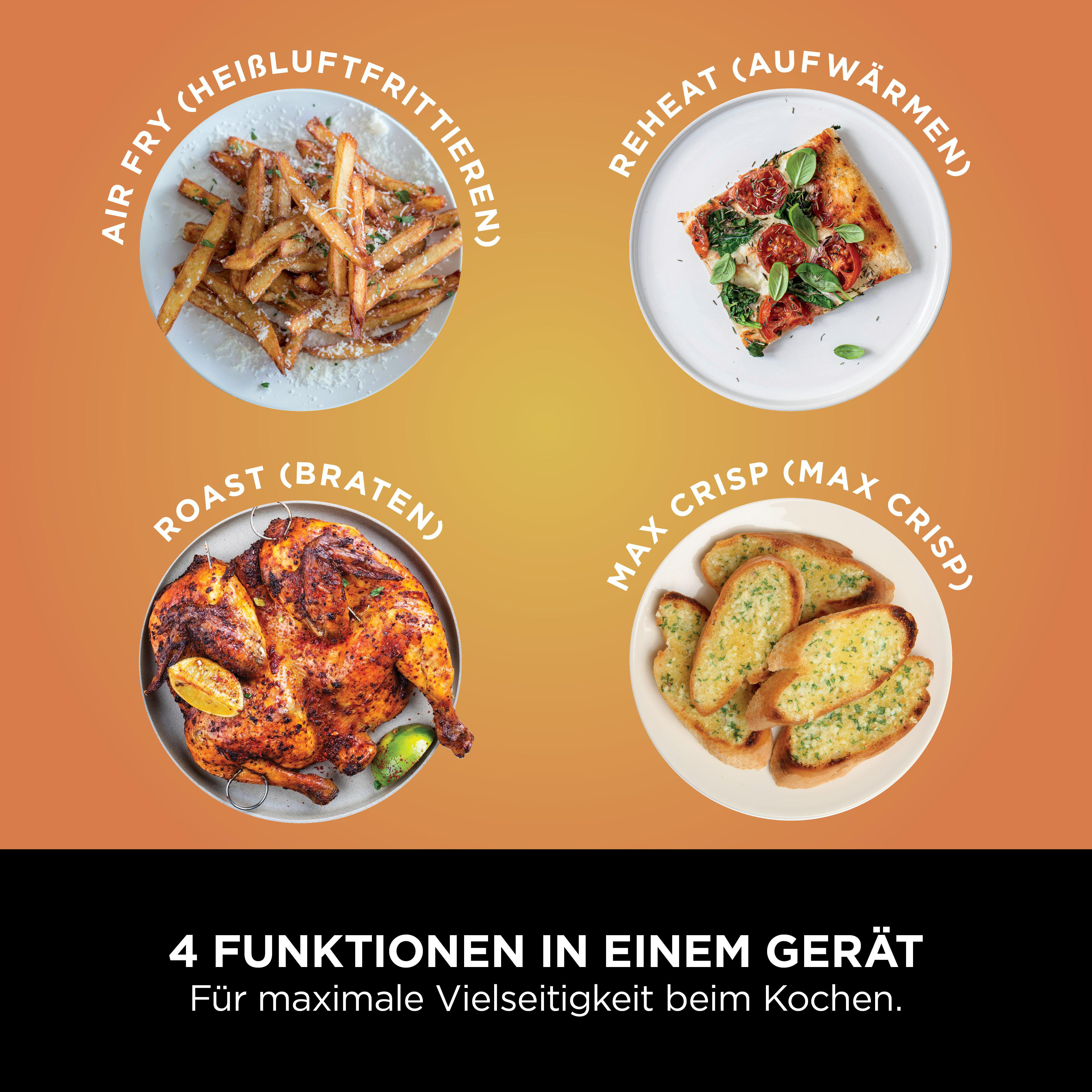 Vier Gerichte: Luftfrittieren, Aufwärmen, Braten und Max Crisp. Alle auf weißen Tellern vor gelbem Hintergrund.