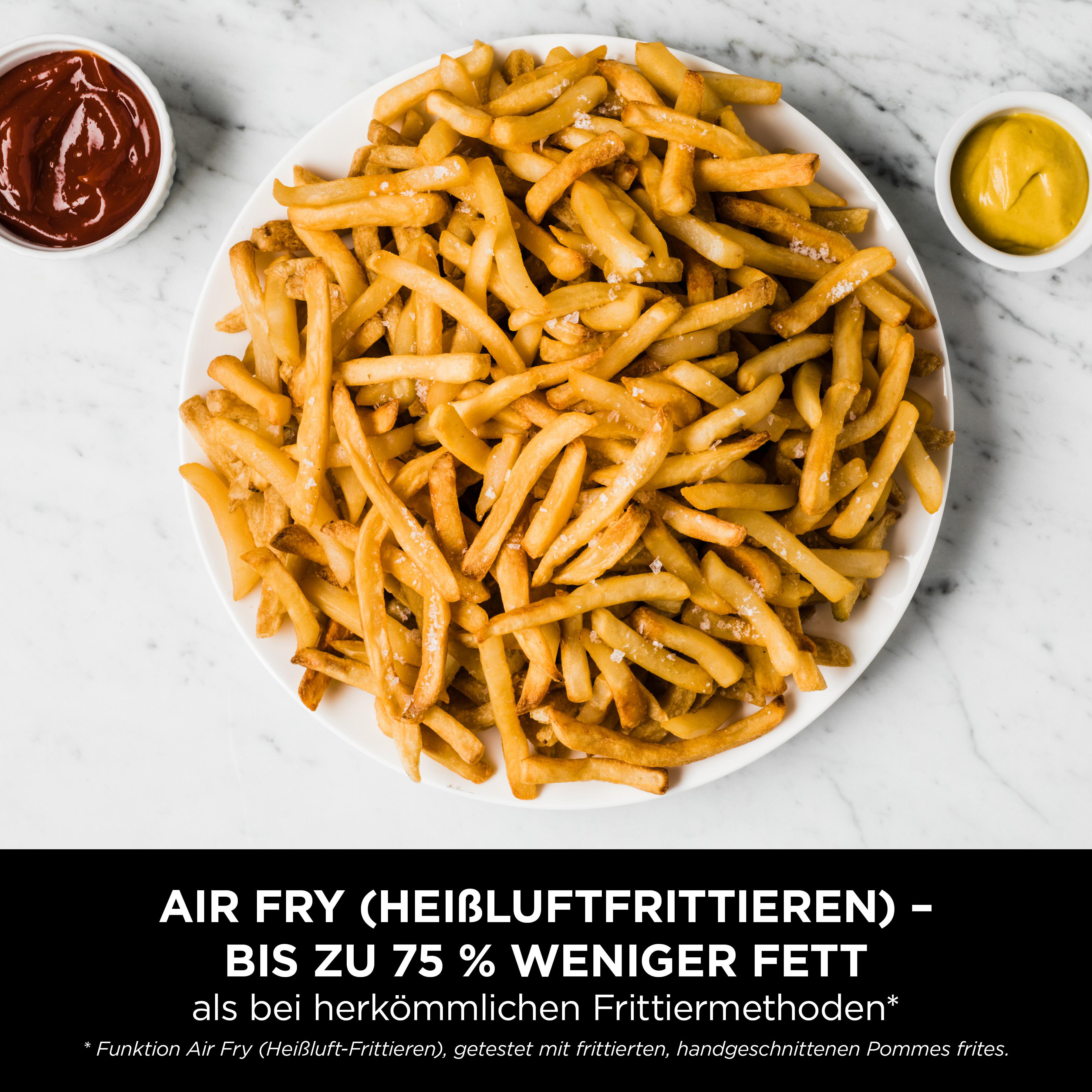 Teller Pommes mit Ketchup und Senf. Text: Airfryer, 75 % weniger Fett.