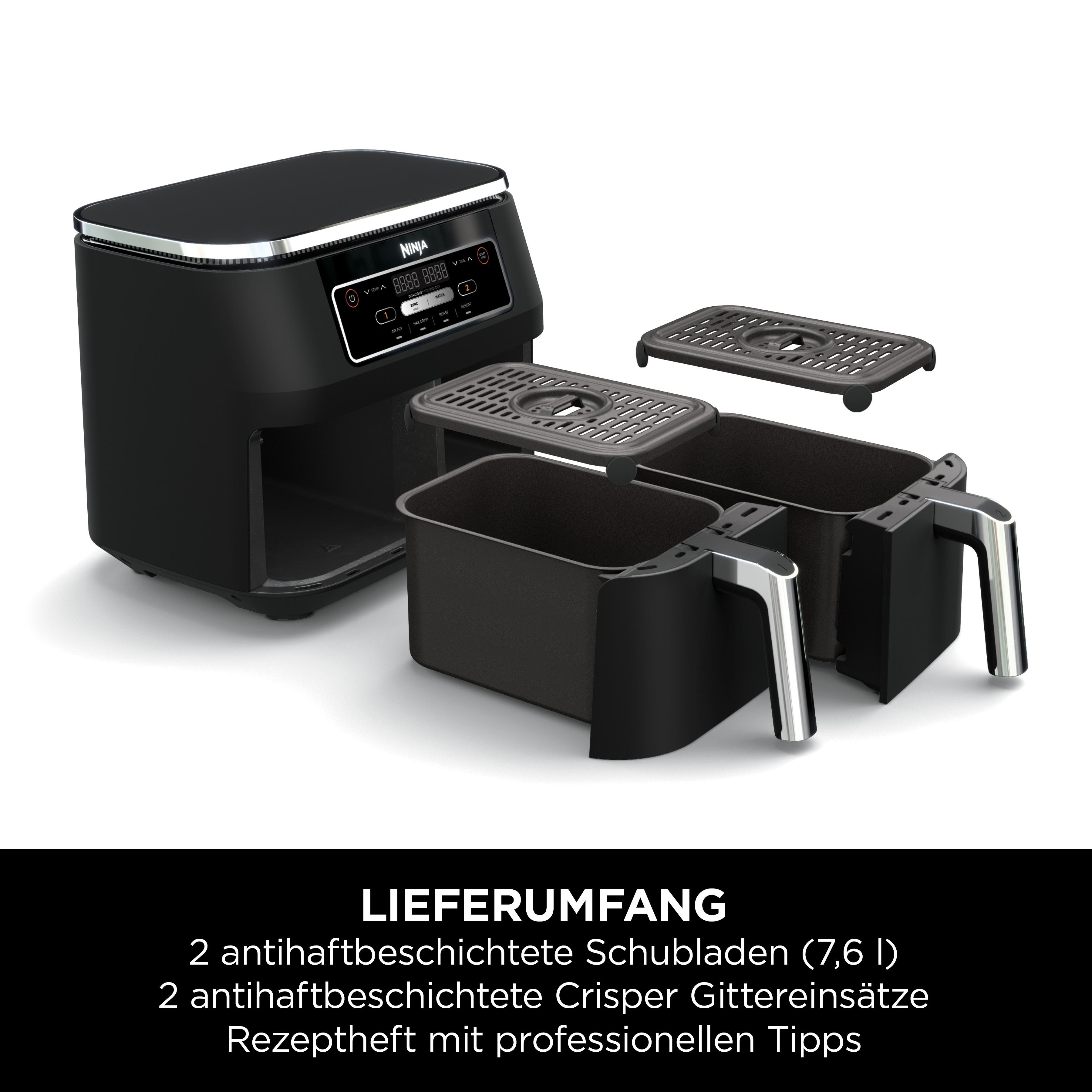 Ninja Air Fryer mit zwei Schubladen und Zubehör. Der Text ist auf Deutsch.