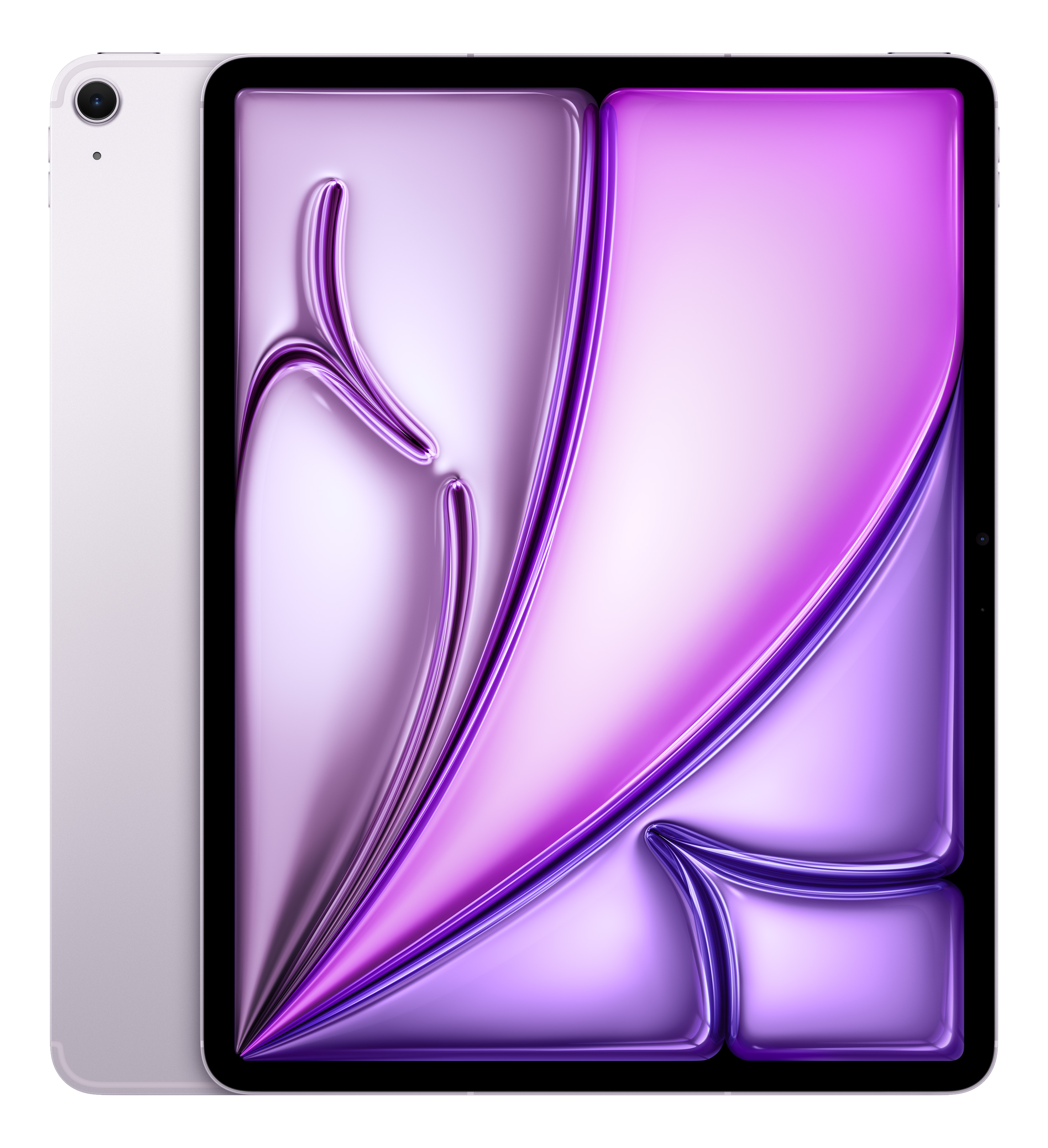 Ein iPad in Lila. Auf der Rückseite ein weißes Apple-Logo. Das Display zeigt bunte Grafiken.