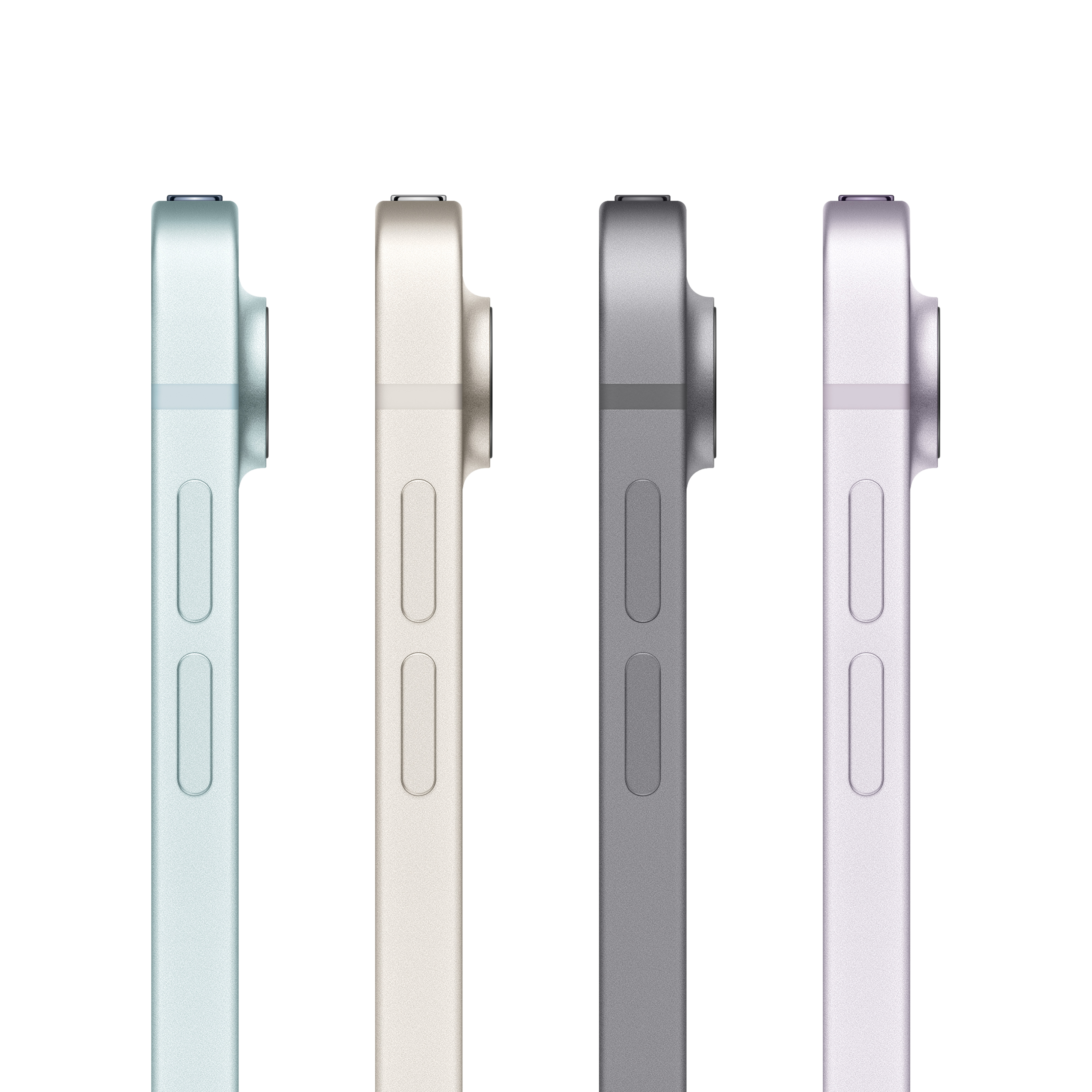 Quattro iPad Air in diversi colori: blu, beige, grigio e viola, vista laterale.