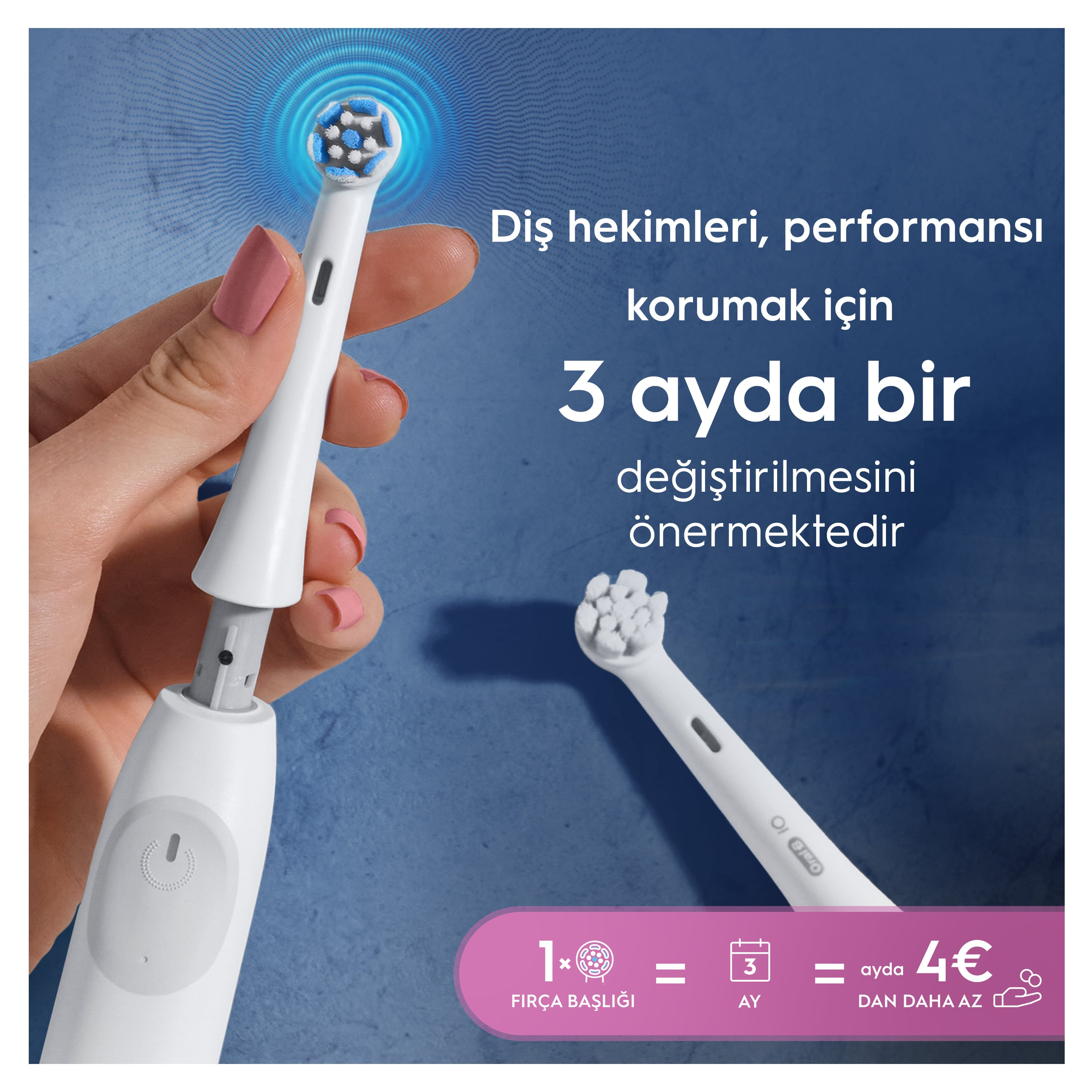 Bir el, metin ve grafiklerle bir diş fırçası başlığı tutuyor.