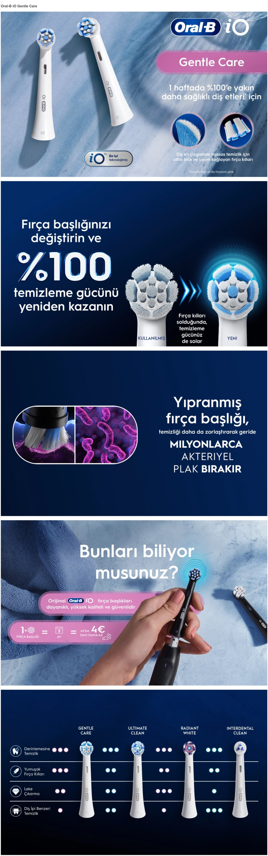 Oral-B iO elektrikli diş fırçasının bileşenlerini ve özelliklerini gösteren bir reklam.