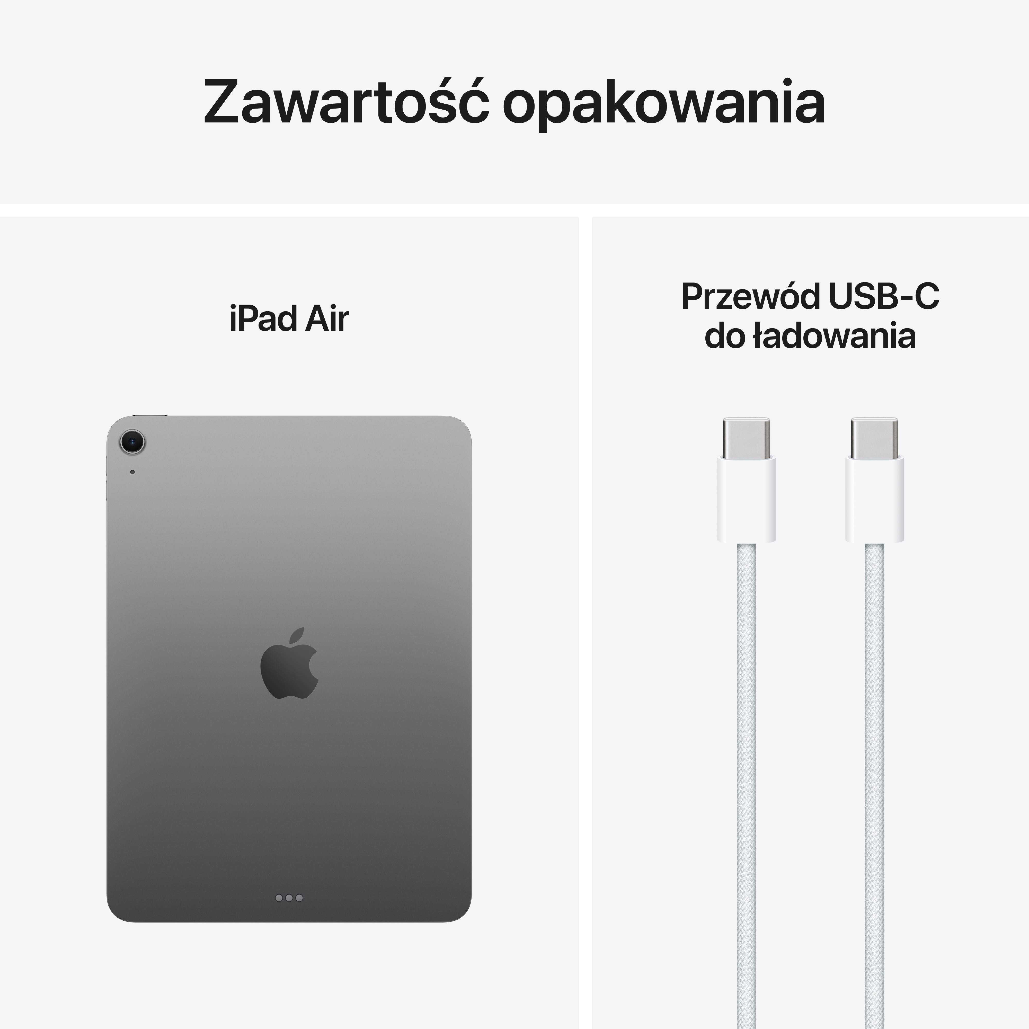 iPad Air i kabel do ładowania USB-C na białym tle. iPad jest szary z logo Apple. Kabel jest biały.