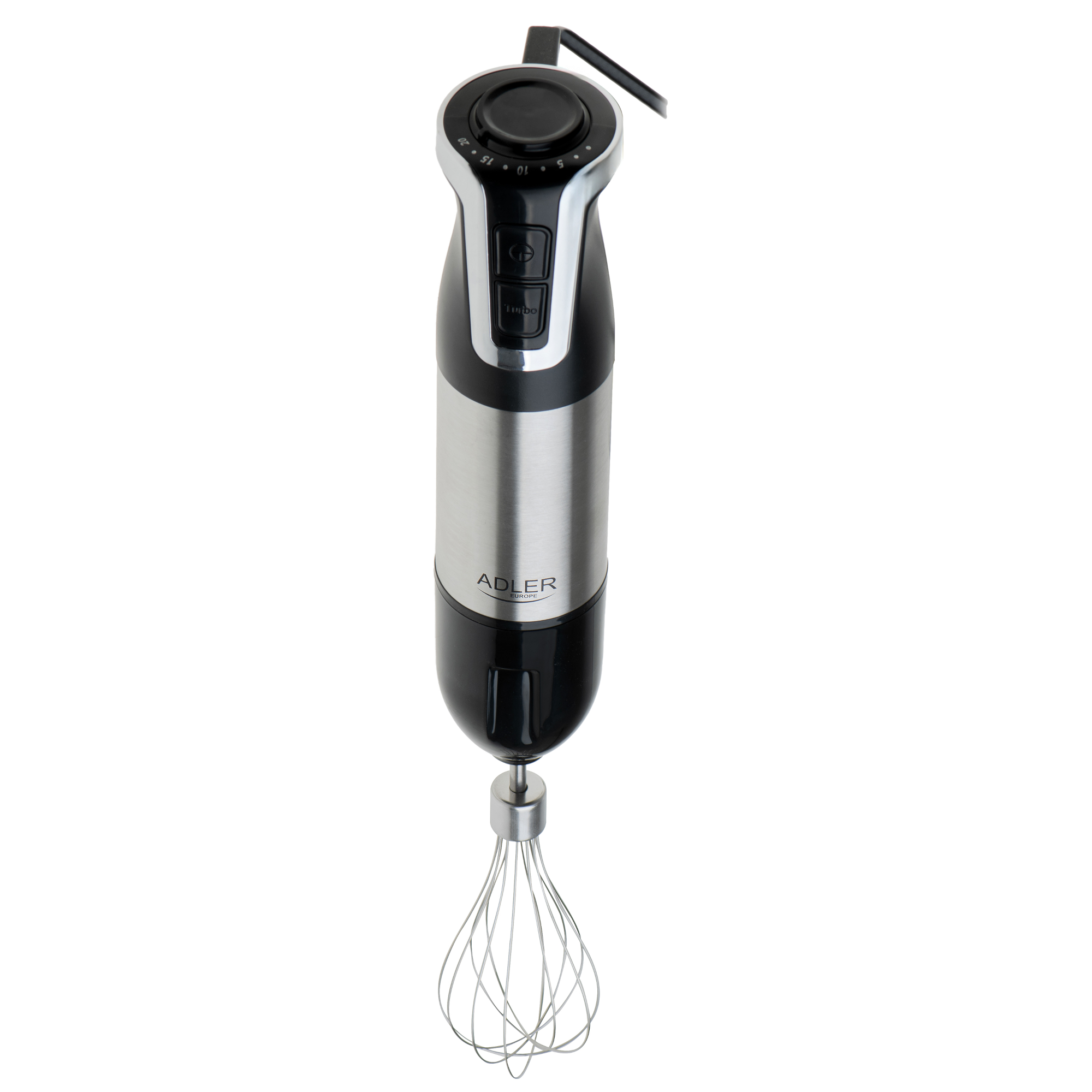 Fekete-ezüst kézi mixer habverővel, fehér háttérben.