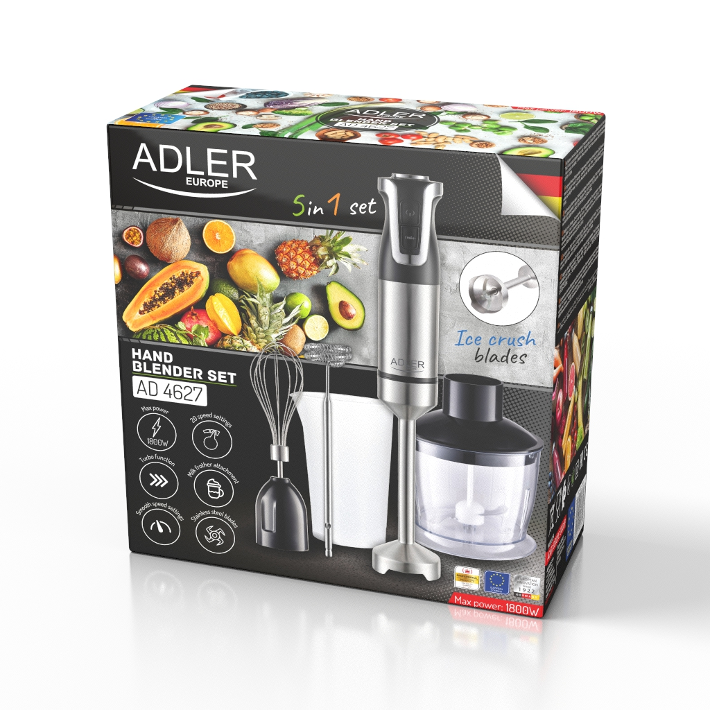Egy kézi mixer készlet dobozban, különféle tartozékokkal és gyümölcsök és zöldségek illusztrációival.