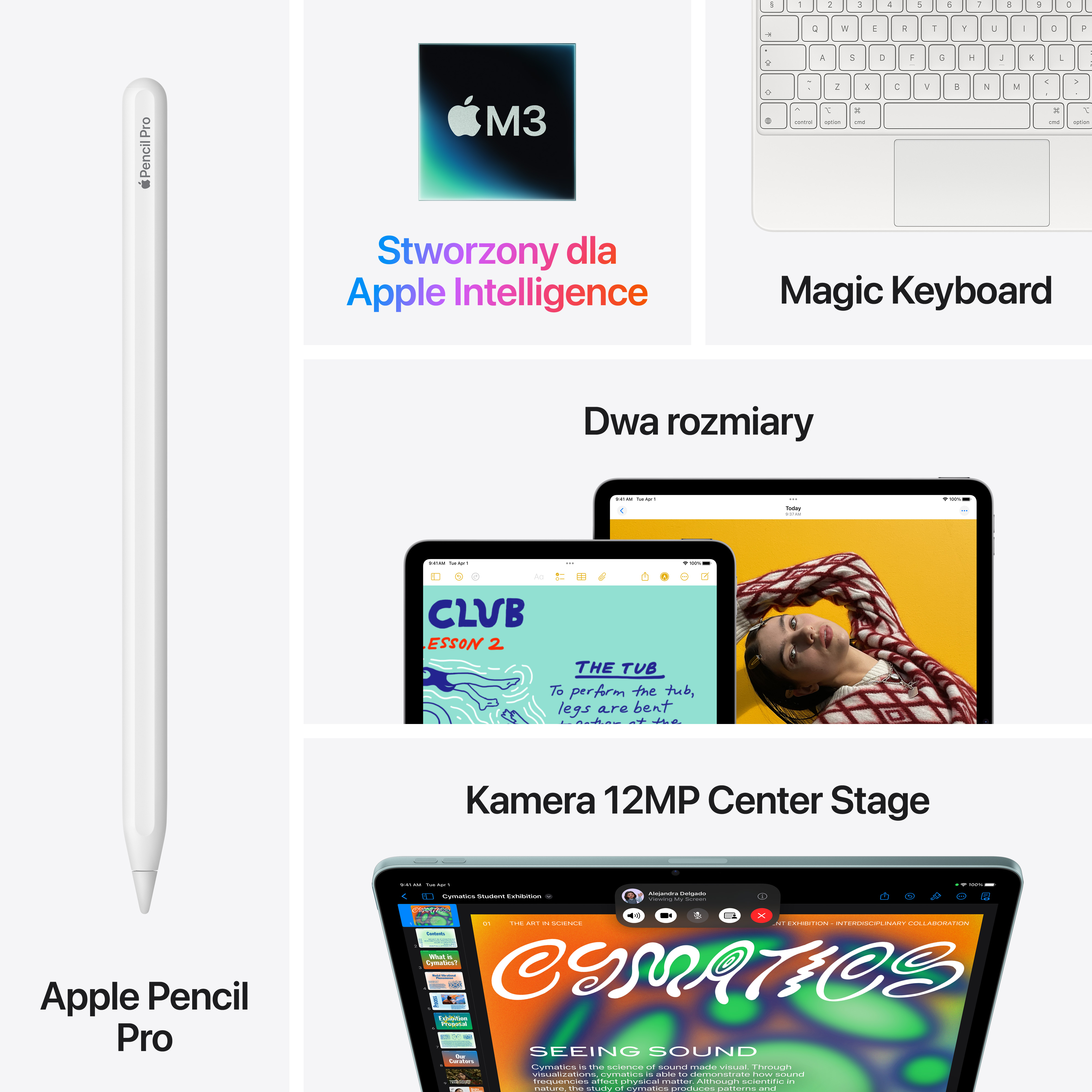Obraz przedstawia Apple Pencil Pro, Magic Keyboard i dwa iPady wyświetlające informacje. Tło jest białe.