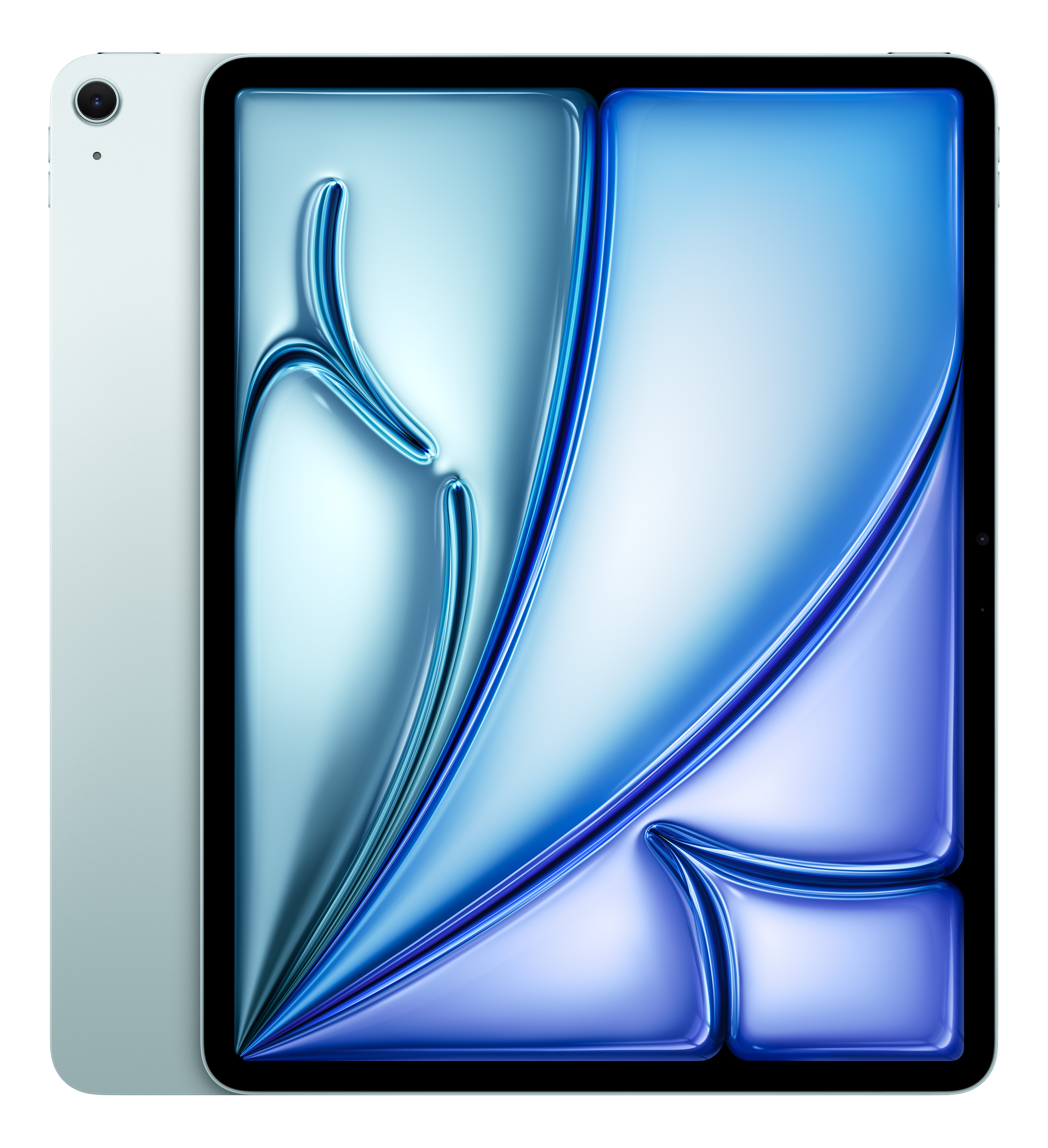 Ein hellblaues Tablet zeigt ein abstraktes Design aus Blau- und Lilatönen auf Schwarz.