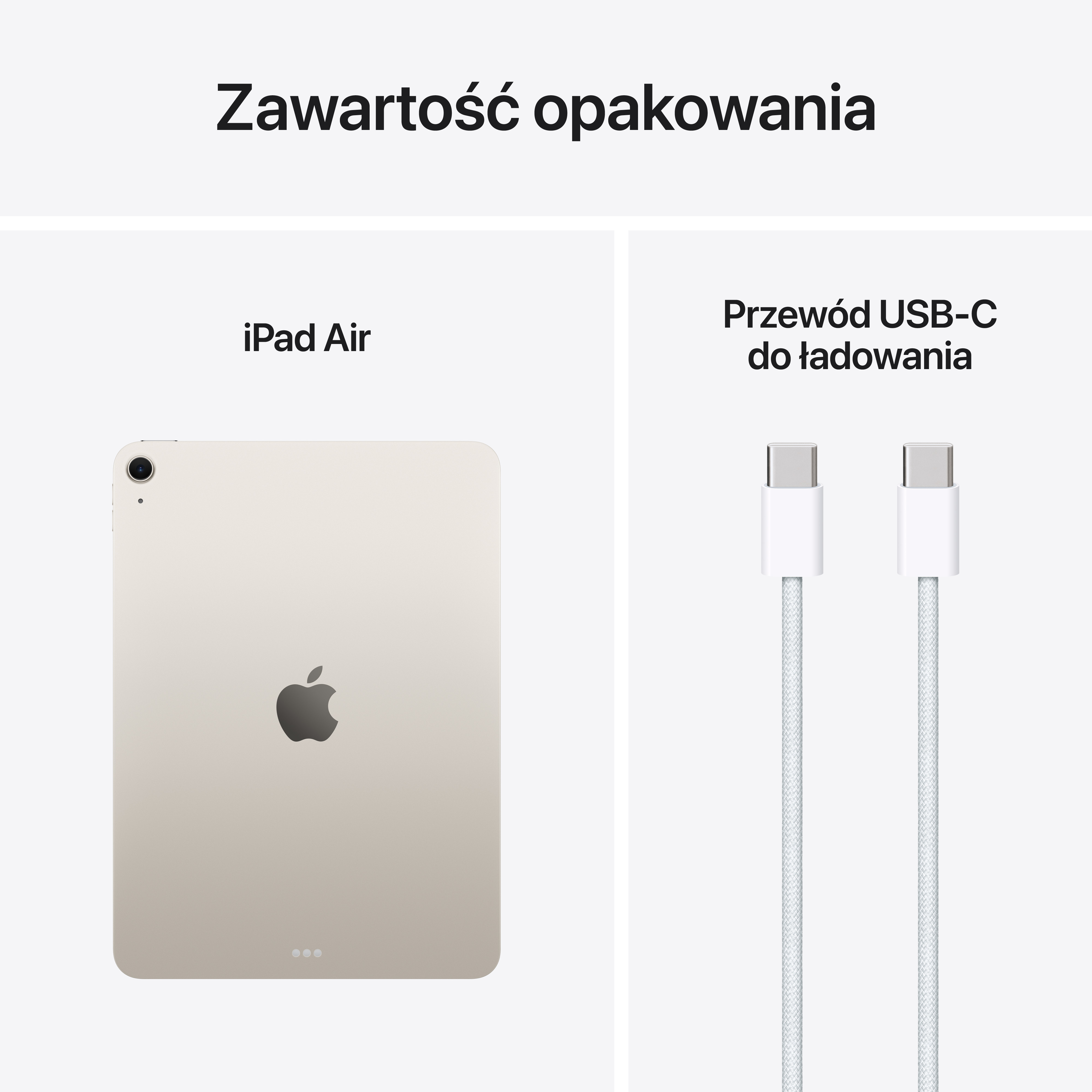 iPad Air i kabel ładujący USB-C. Białe tło.