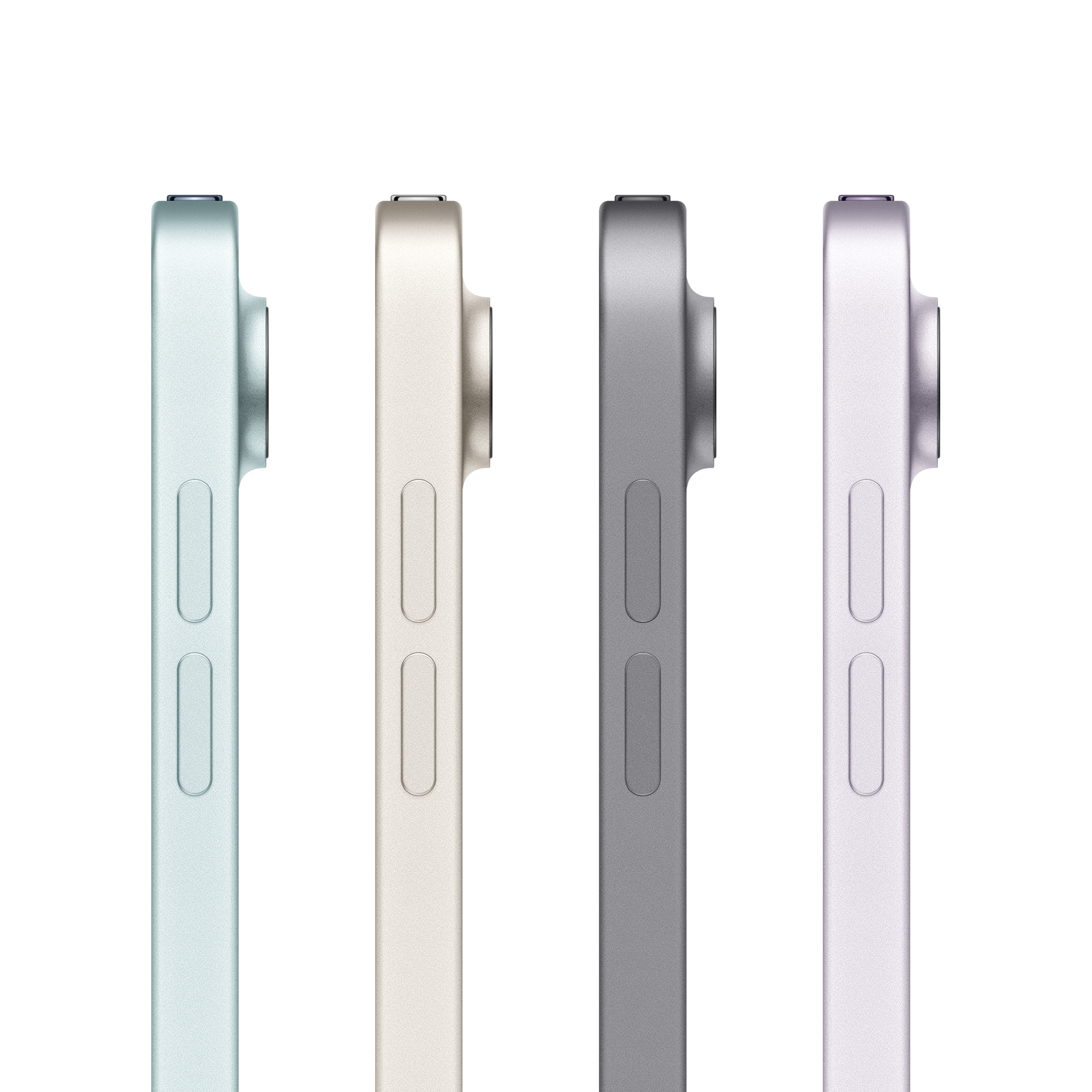Quattro iPad, vista laterale, diversi colori: verde, oro, grigio e viola. I pulsanti sono visibili.