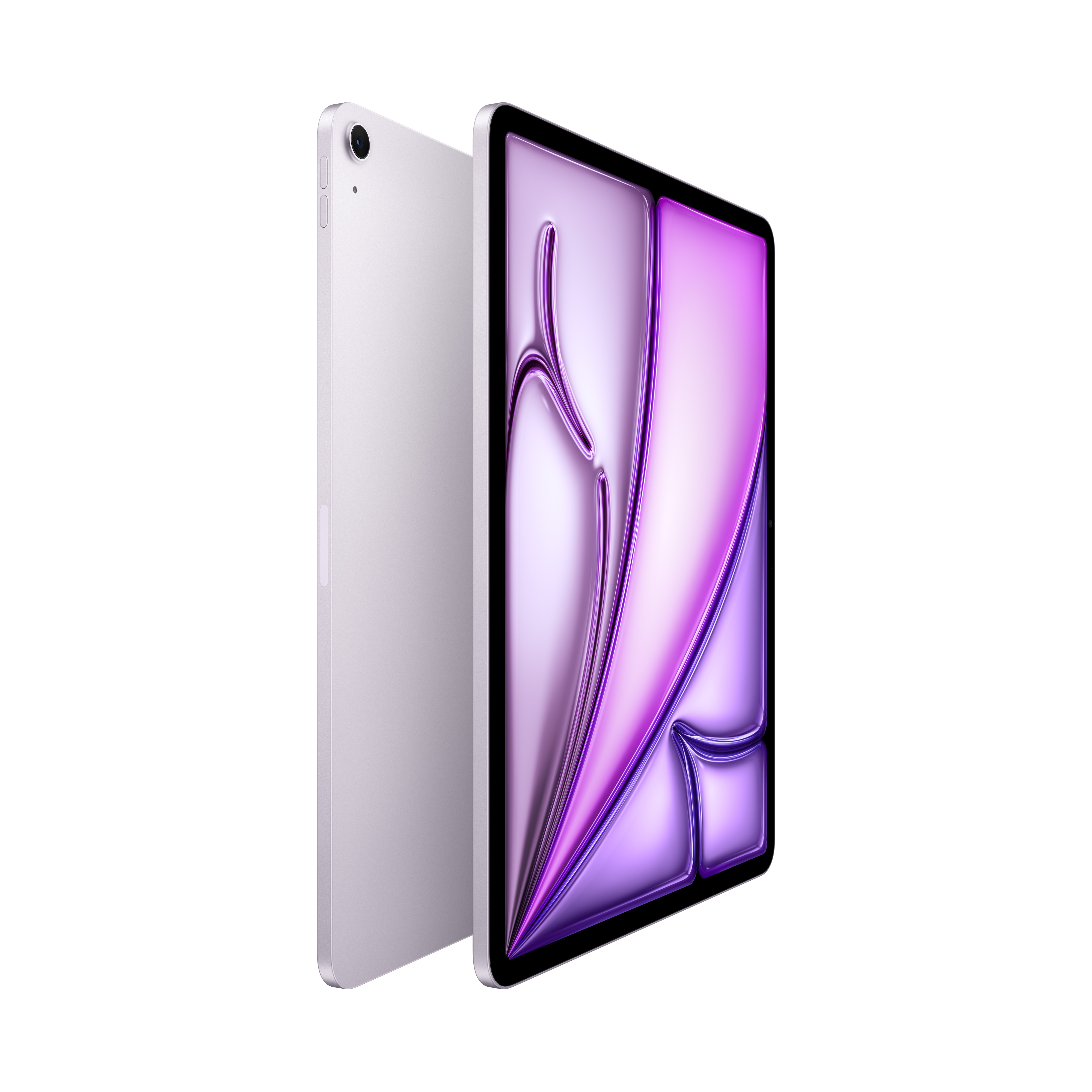 iPad argento e viola, lo schermo mostra un design astratto viola, vista angolata.