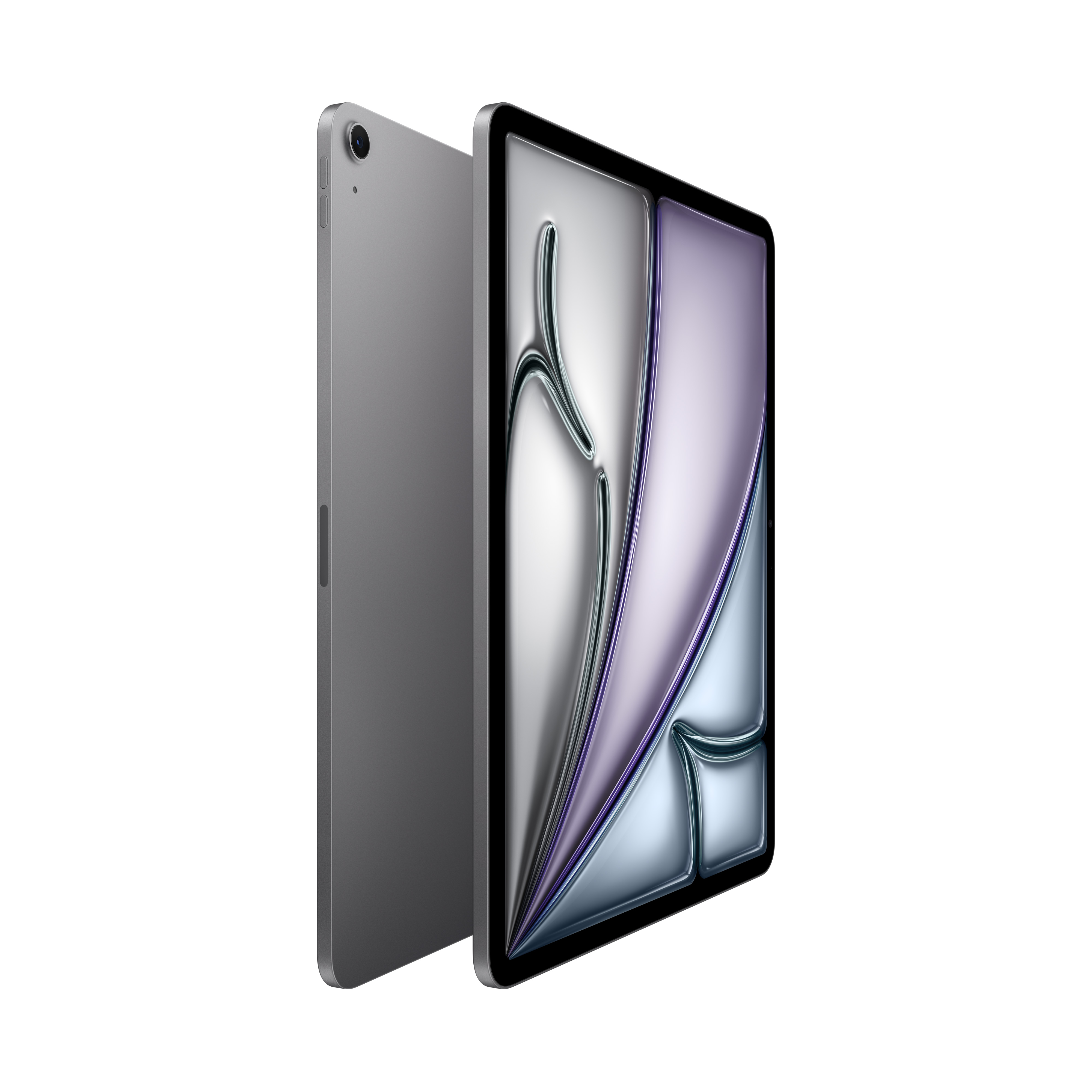Tablet grigio con schermo che mostra un design rosa e viola, sfondo bianco.