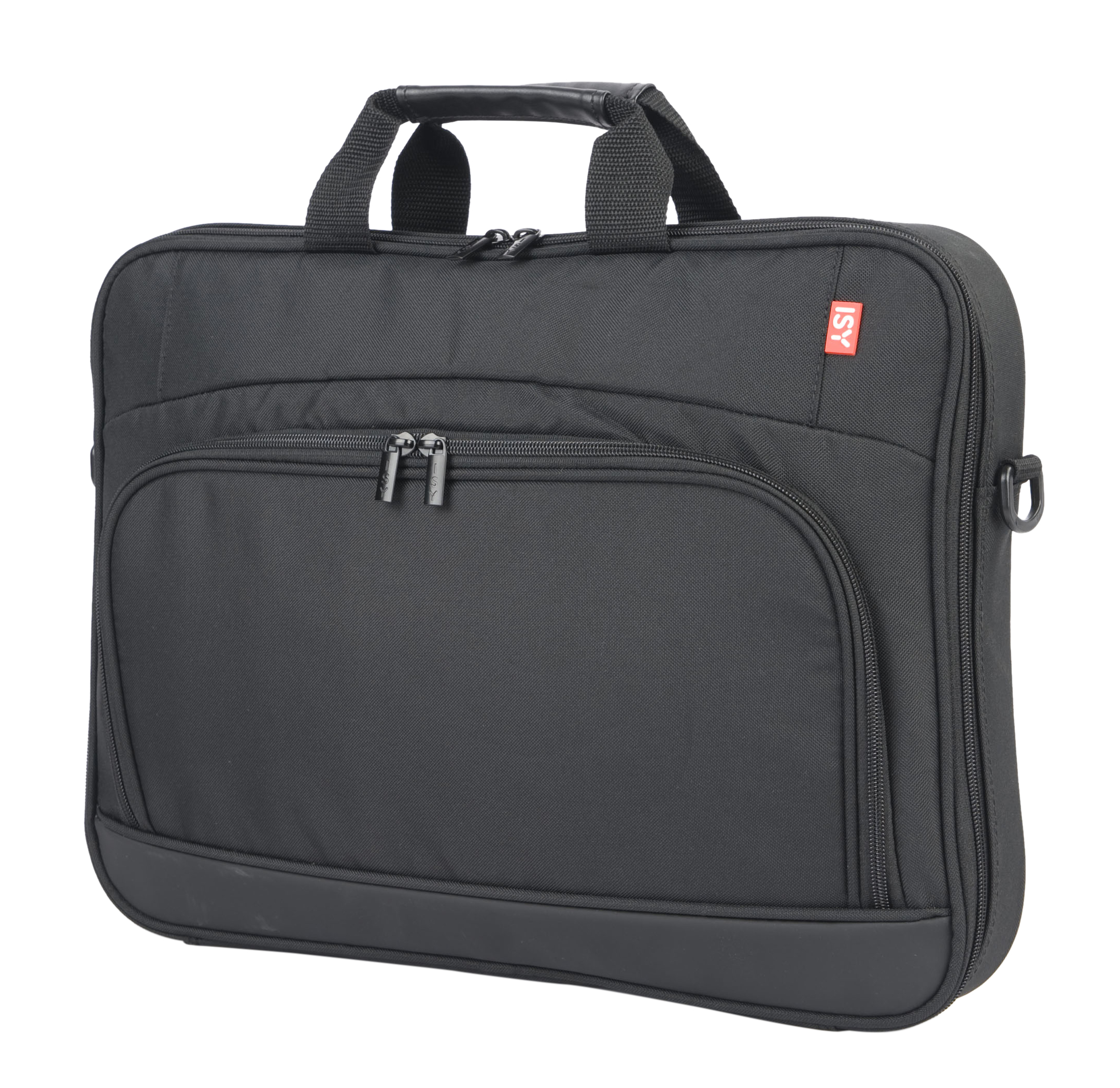 Czarna torba na laptopa z uchwytami i przednią kieszenią z zamkami błyskawicznymi.