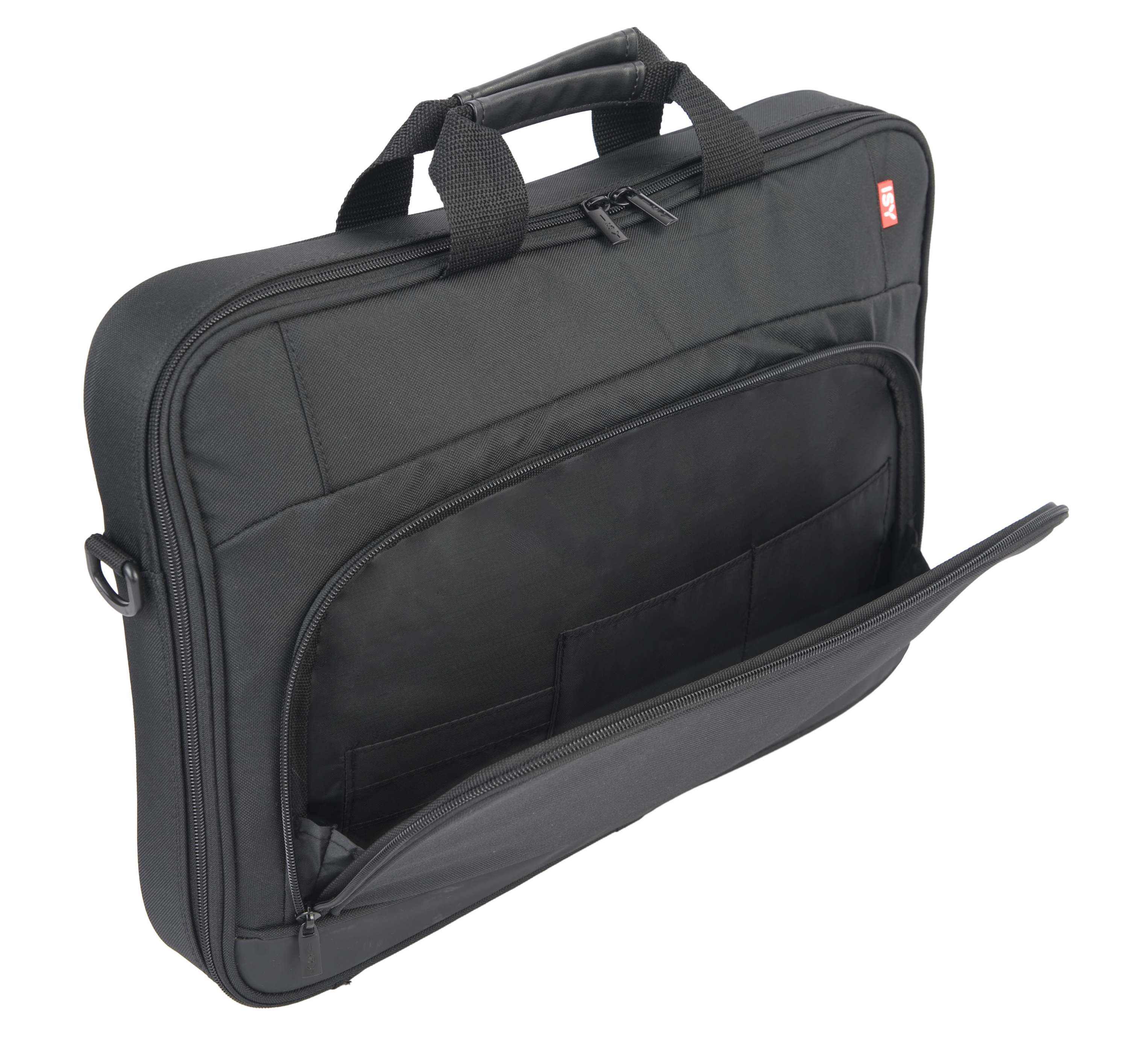 Czarna torba na laptopa, otwarta, pokazująca wnętrze i kieszenie. Białe tło.