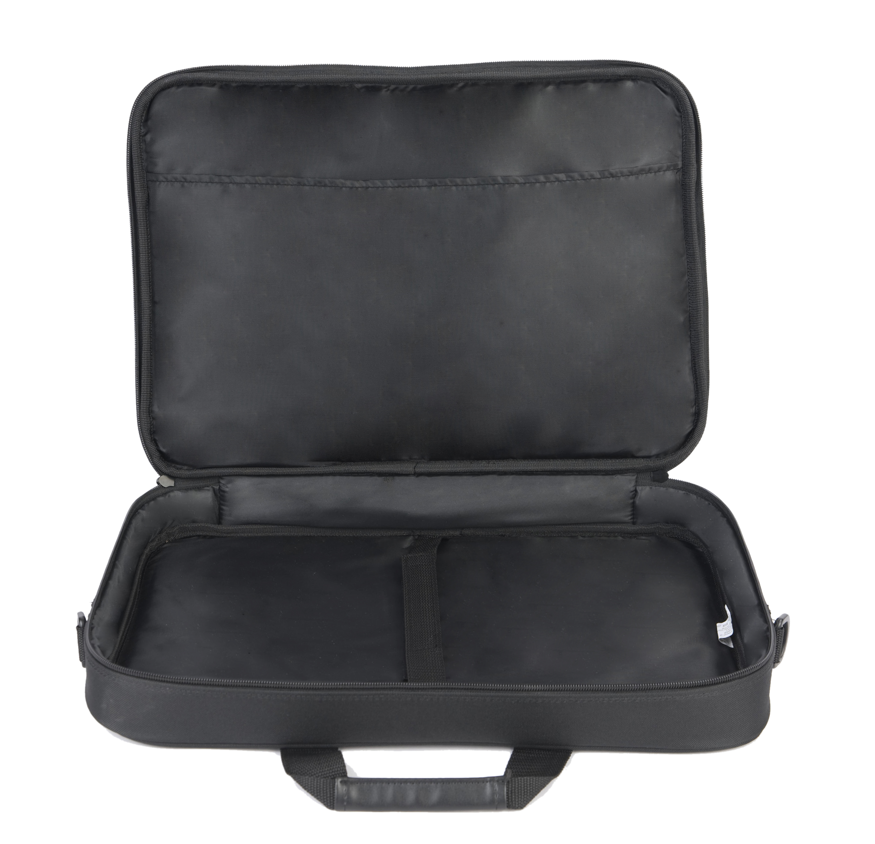 Czarna otwarta torba z wieloma przegrodami.