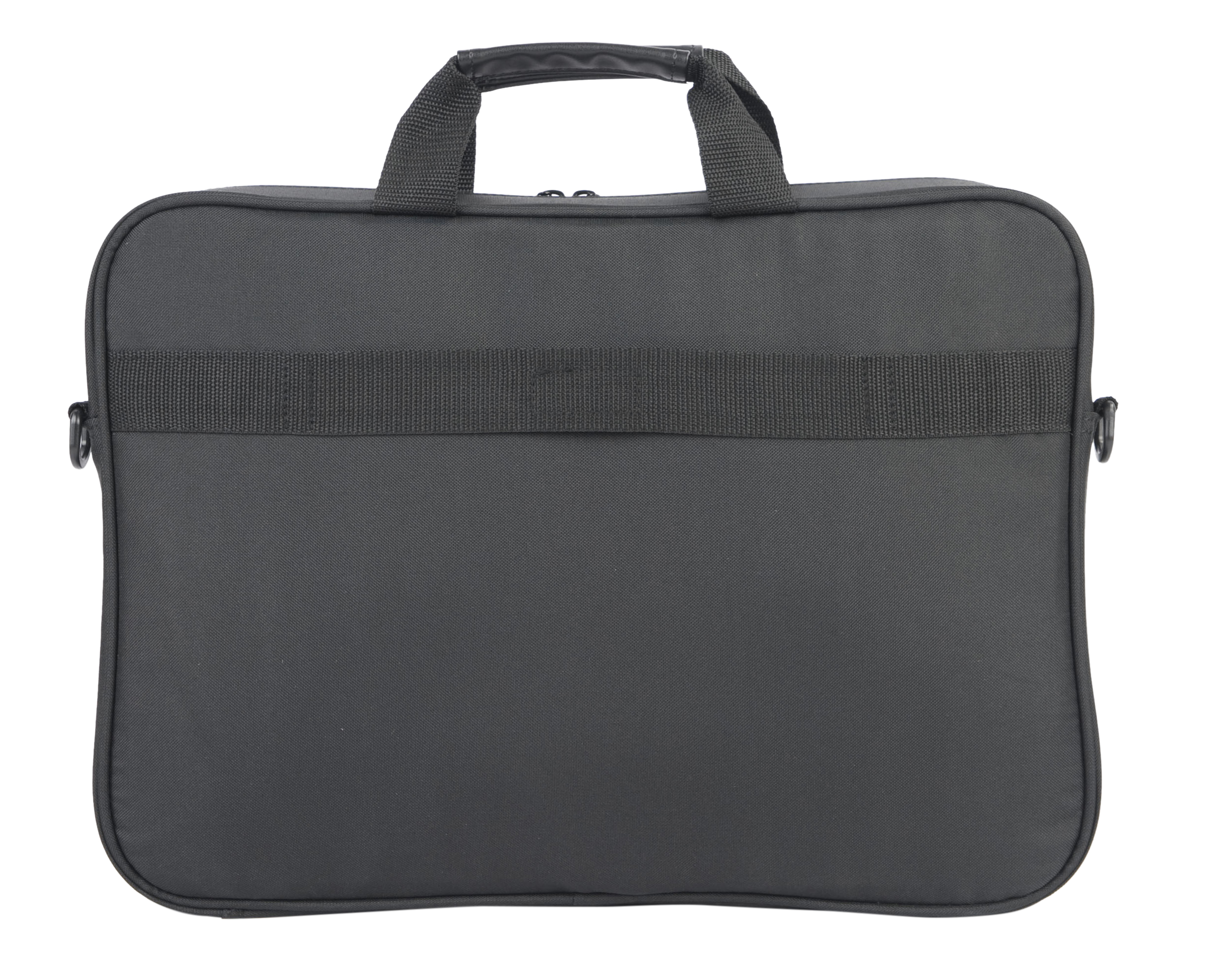 Czarna torba na laptopa z uchwytem i paskiem z tyłu.