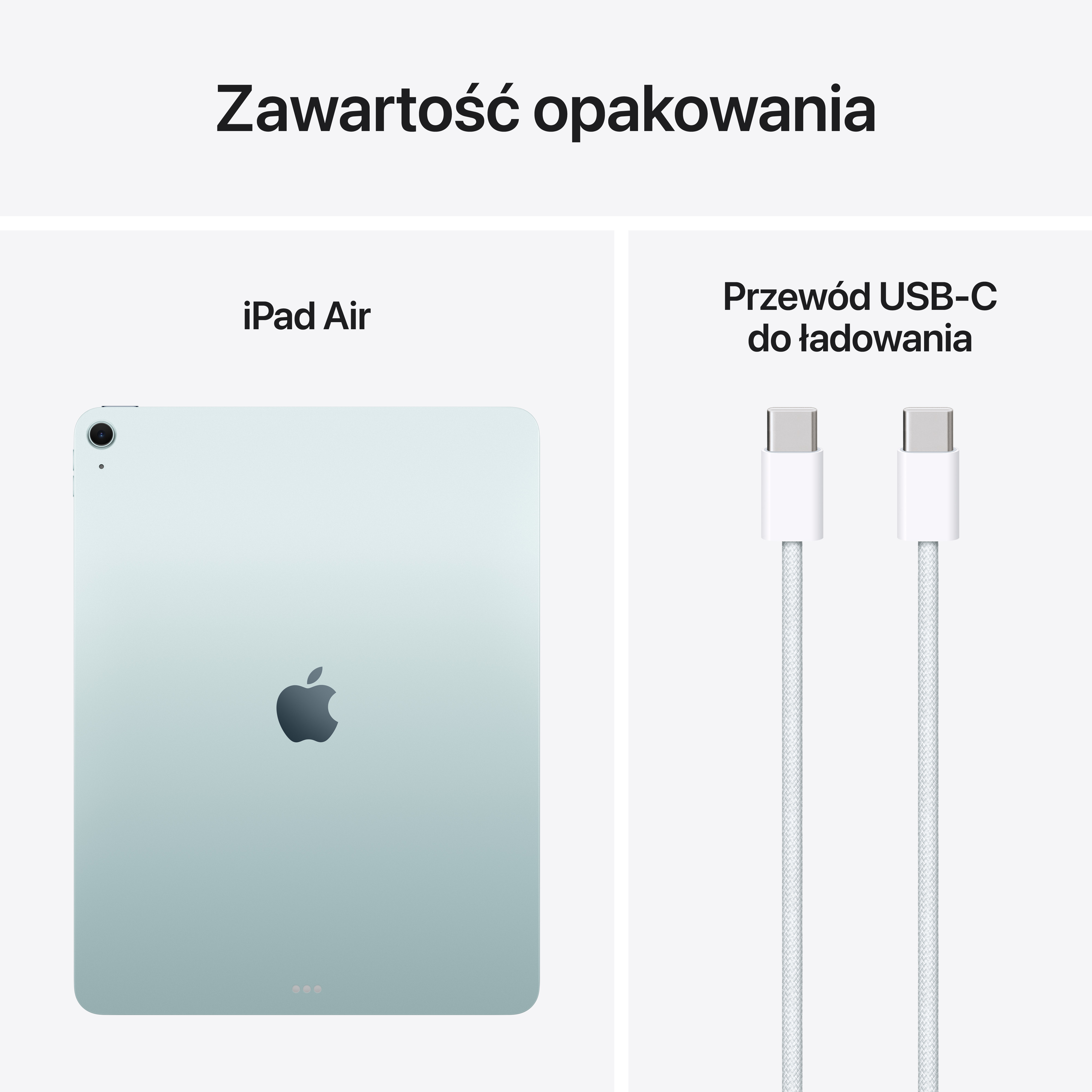 Wyświetlany jest iPad Air i kabel do ładowania USB-C, pokazujący zawartość opakowania.