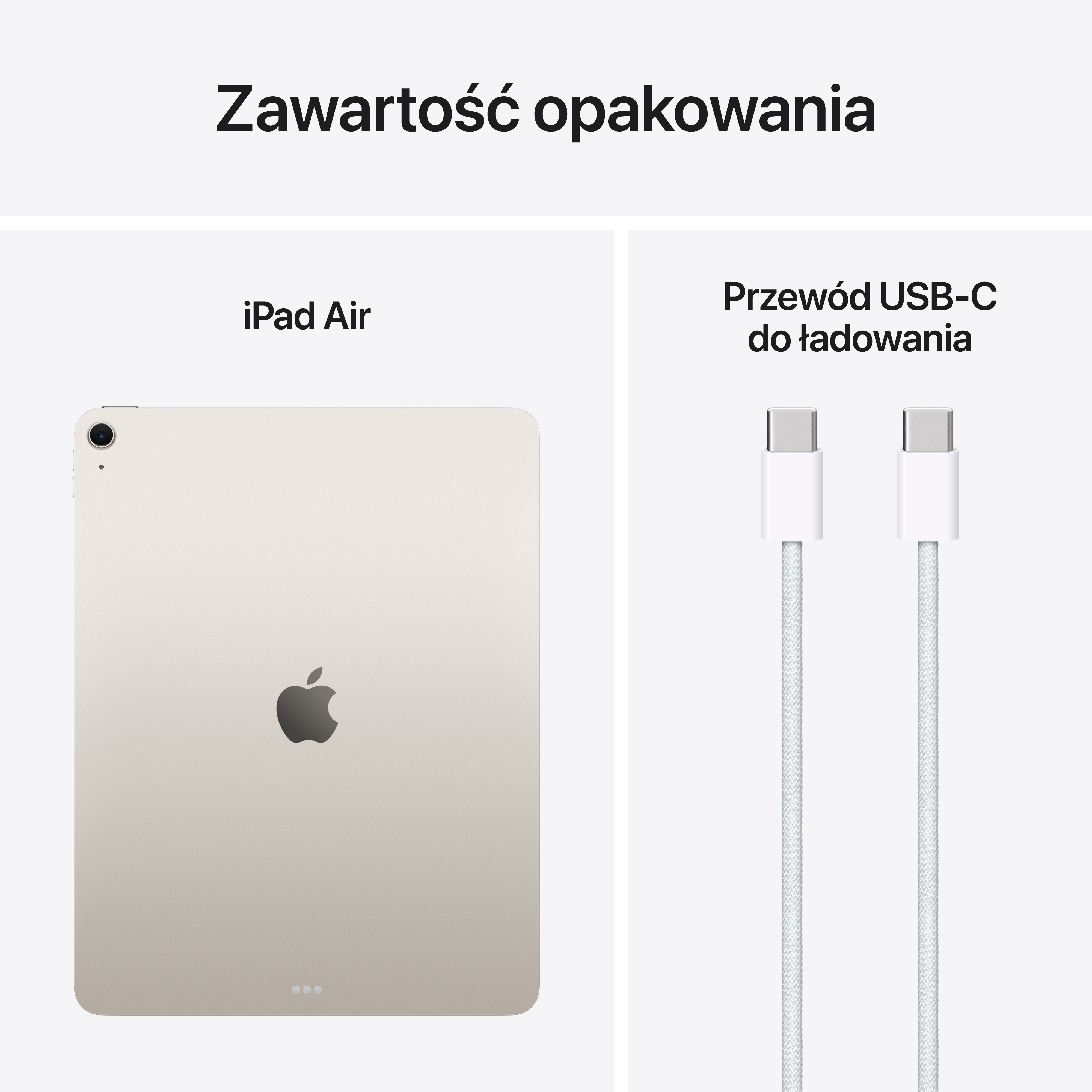 iPad Air i kabel USB-C na białym tle. iPad jest w kolorze złotym. Kabel jest biały.