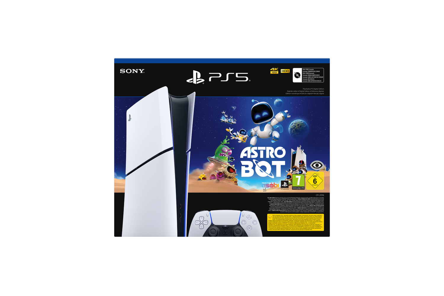 Caja de la consola PS5 con el juego Astro Bot, controlador.