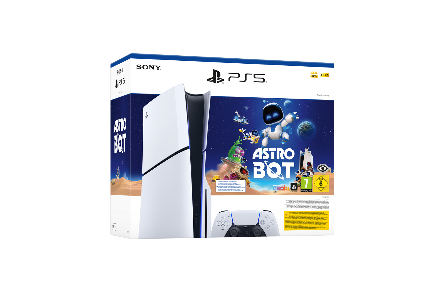 Una caja de la consola PS5 sobre un fondo negro. La caja tiene una consola y un mando blancos.
