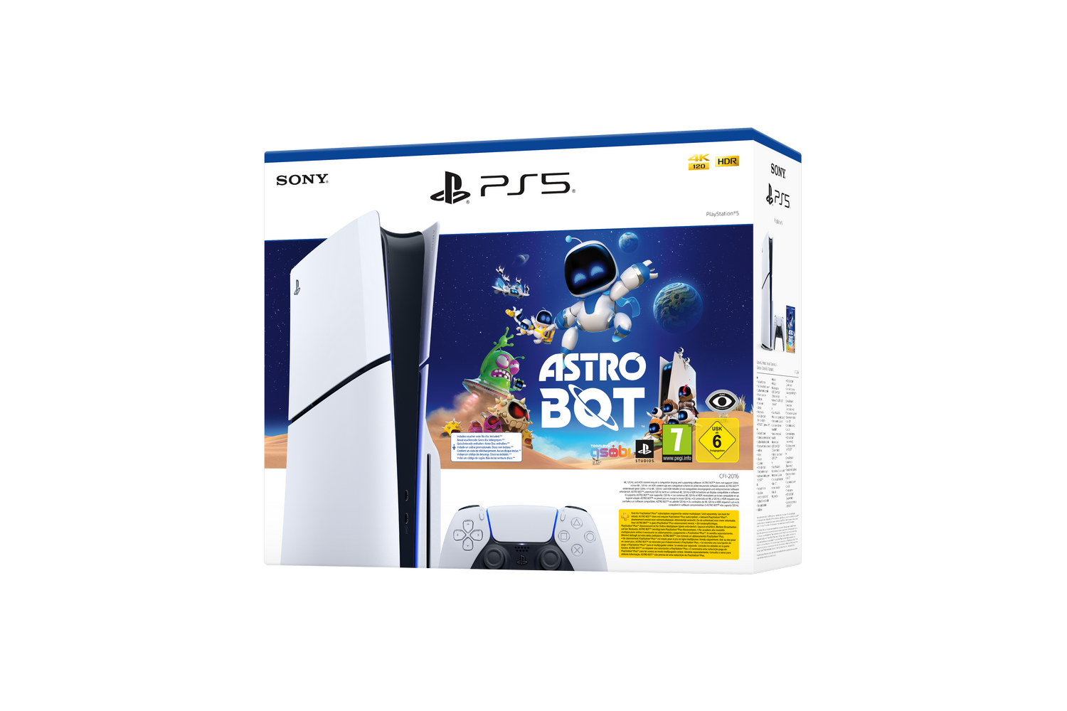 Consola PS5, caja del juego Astro Bot y un controlador de PlayStation. La caja tiene arte del juego Astro Bot.