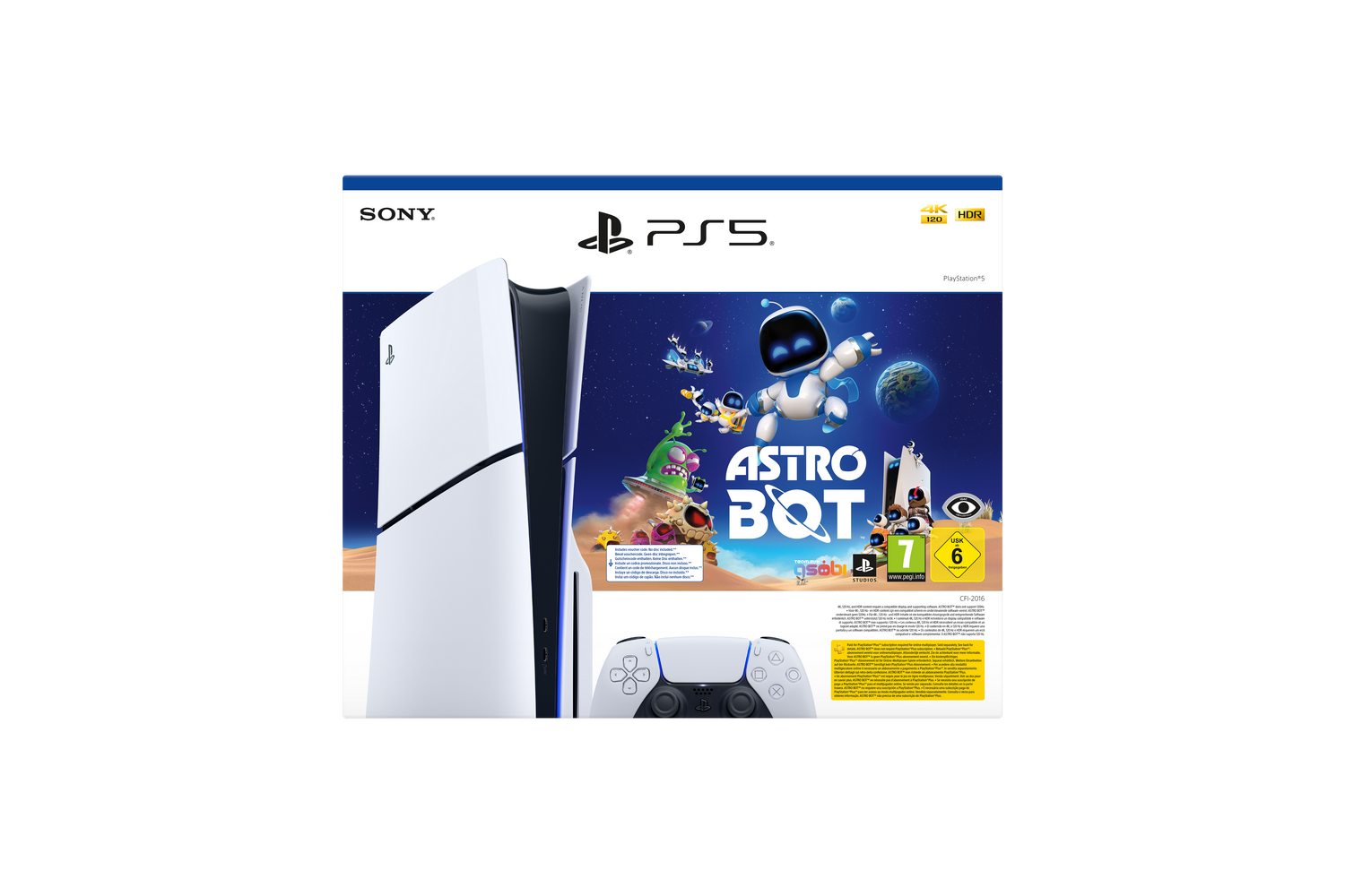 Caja de juego de PlayStation 5, consola y mando. Se muestra la portada del juego Astro Bot.