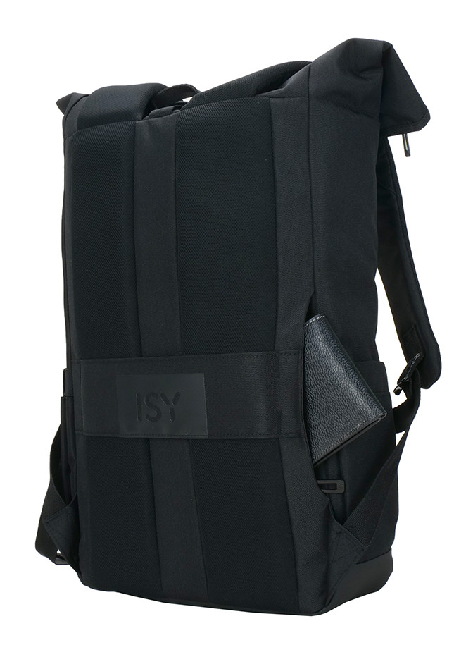 Czarny plecak ISY. Pokazuje tył i portfel w bocznej kieszeni.