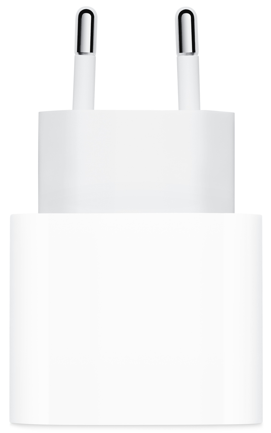 Biały zasilacz ze srebrnymi bolcami.