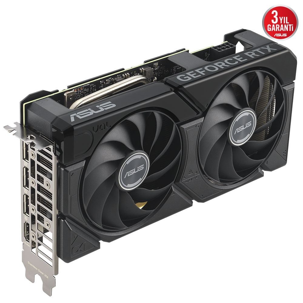 İki fanlı siyah bir GeForce RTX grafik kartı. Marka adı görünür.