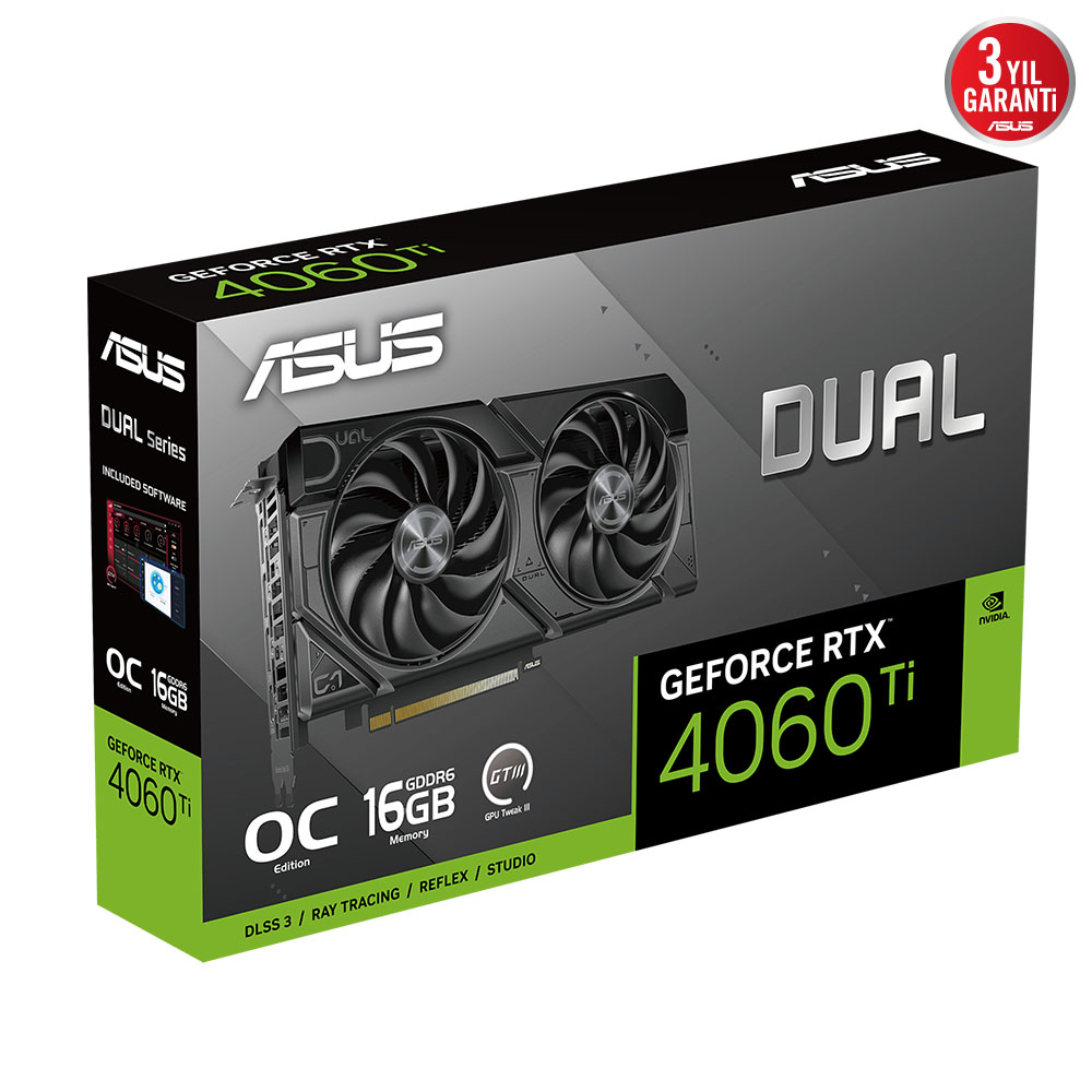 Kutu içinde grafik kartı. Siyah ve yeşil renkler. Metin: GeForce RTX 4060 Ti.