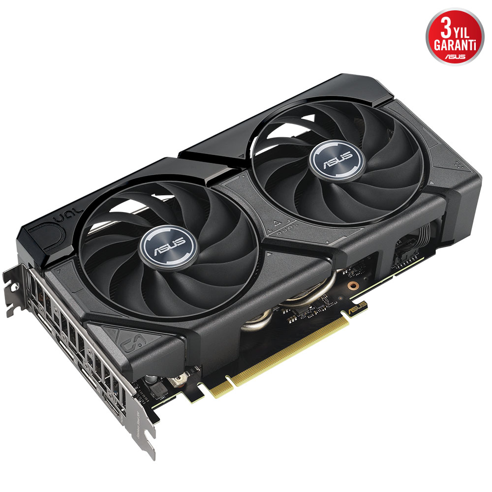 İki fanlı siyah ASUS grafik kartı. Beyaz arka plan. Sağ üst köşede 3 yıllık garanti logosu.