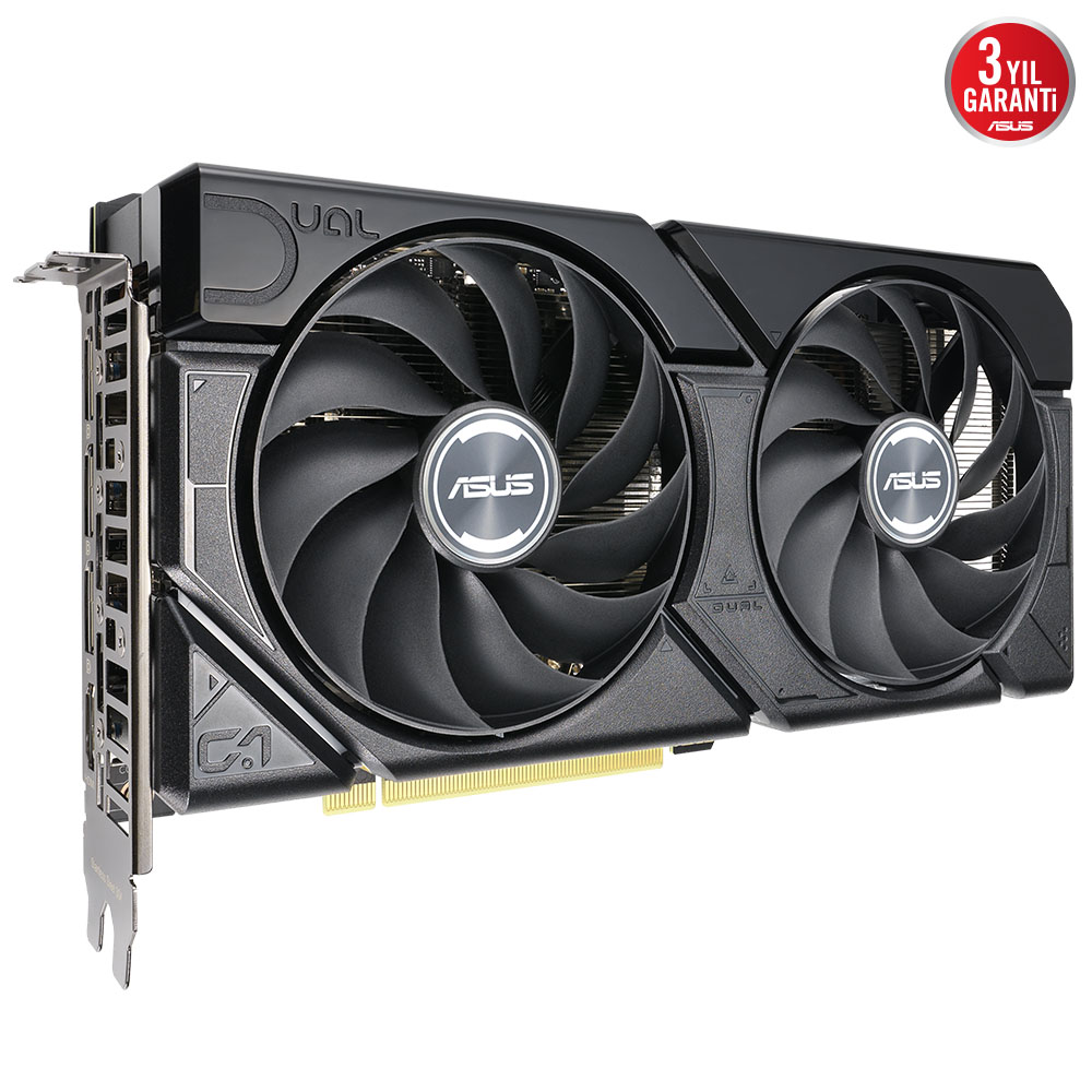 İki fanlı ASUS Dual grafik kartı. ASUS logolu siyah gövde ve üç yıl garanti etiketi.
